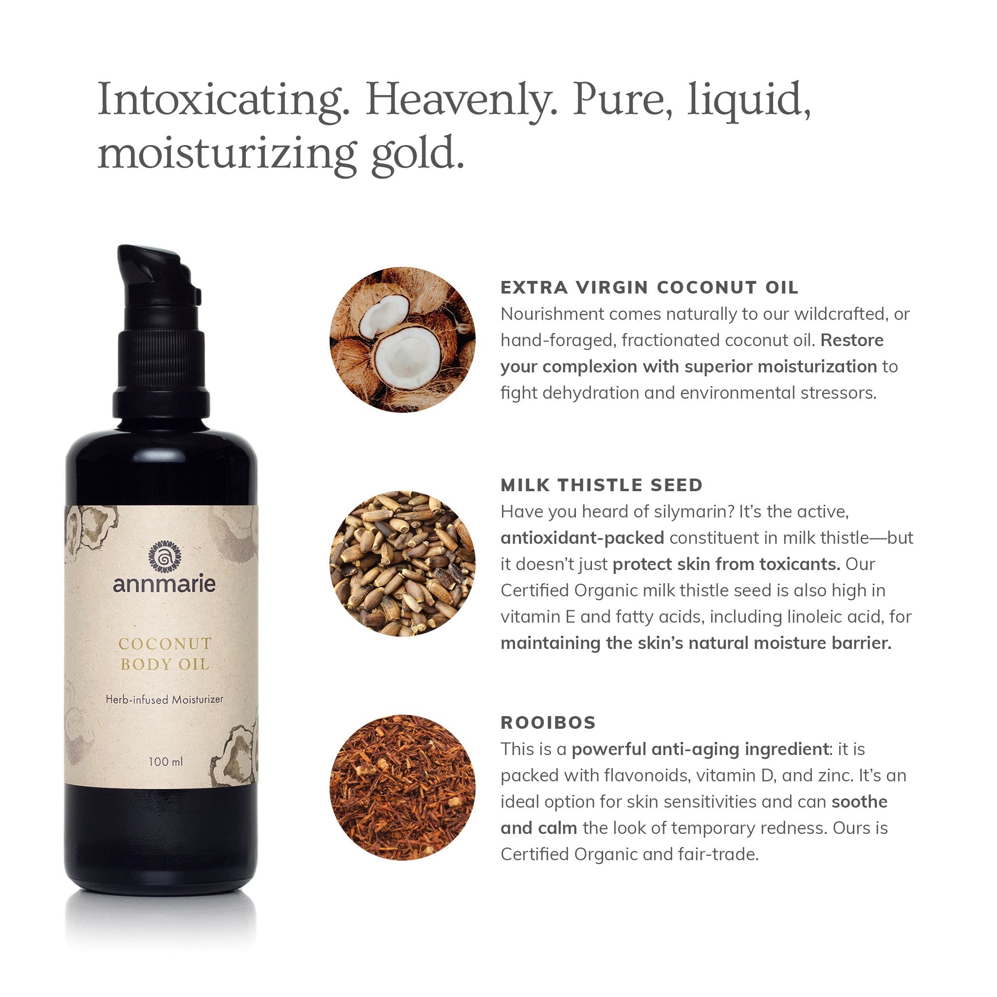 Coconut body oil by Annmarie Skin Care in a 100ml bottle, featuring a clear container with the oil inside.