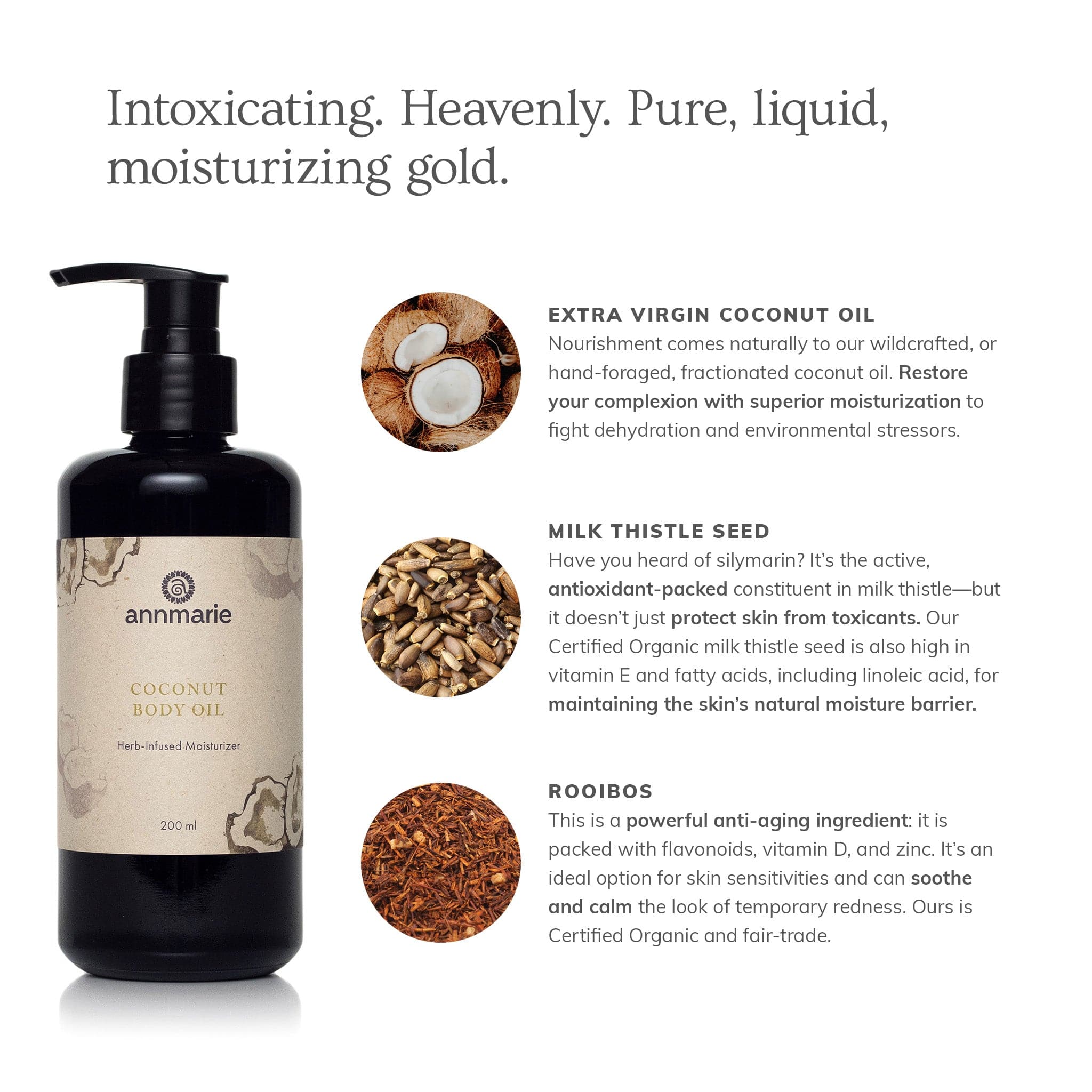 Bottle of Annmarie Skin Care Coconut Body Oil in 200ml container with natural ingredients on the label