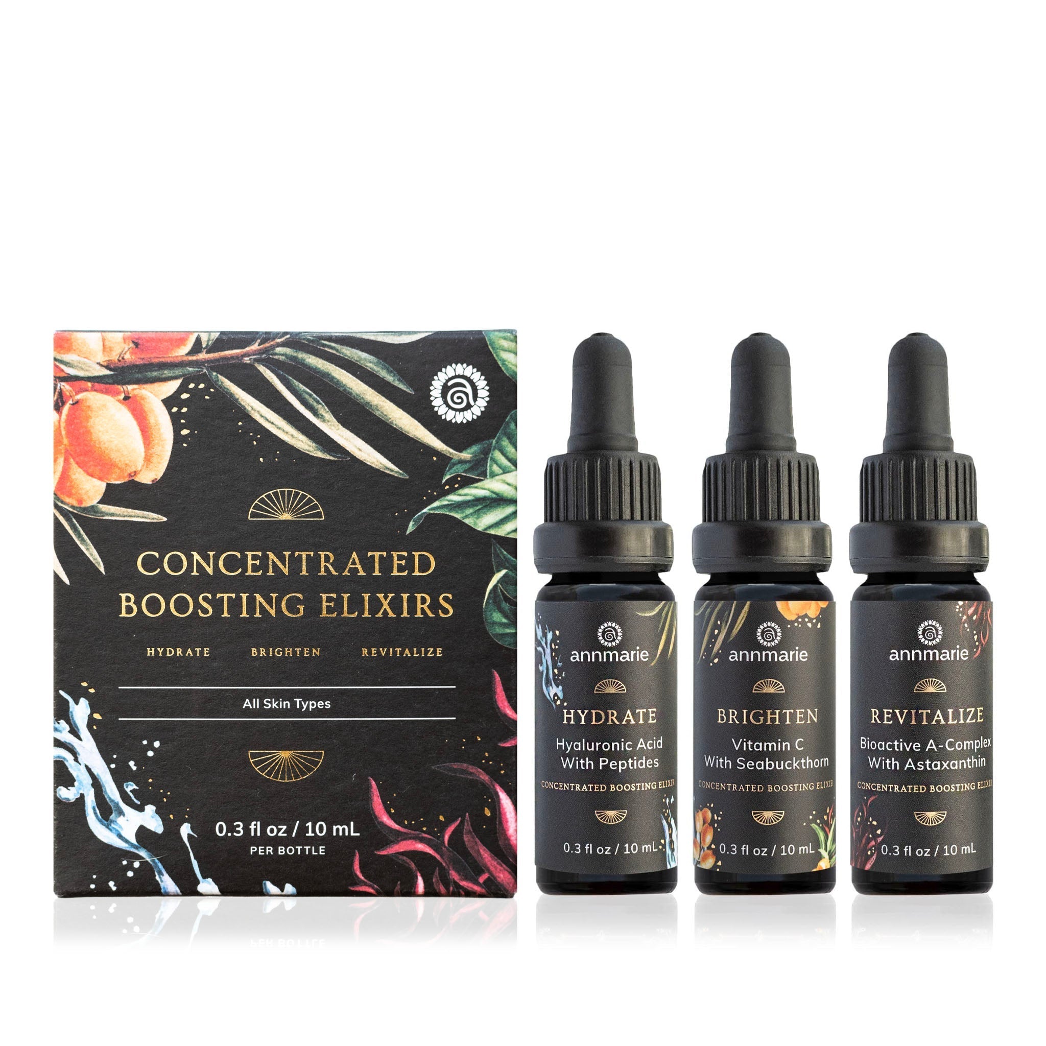 Collection of Annmarie Skin Care Concentrated Boosting Elixirs in 10ml bottles, natural skincare enhances and revitalizes skin health.