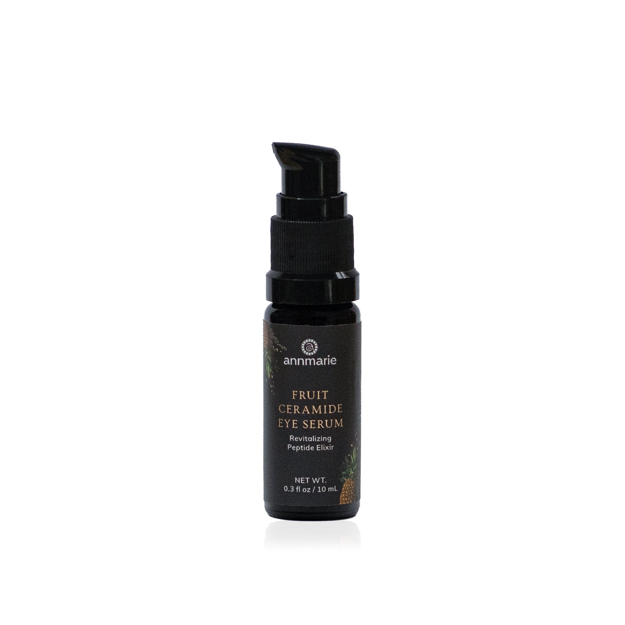 Bottle of Annmarie Skin Care Fruit Ceramide Eye Serum in 10ml with a clear dropper for targeted eye area hydration and rejuvenation.