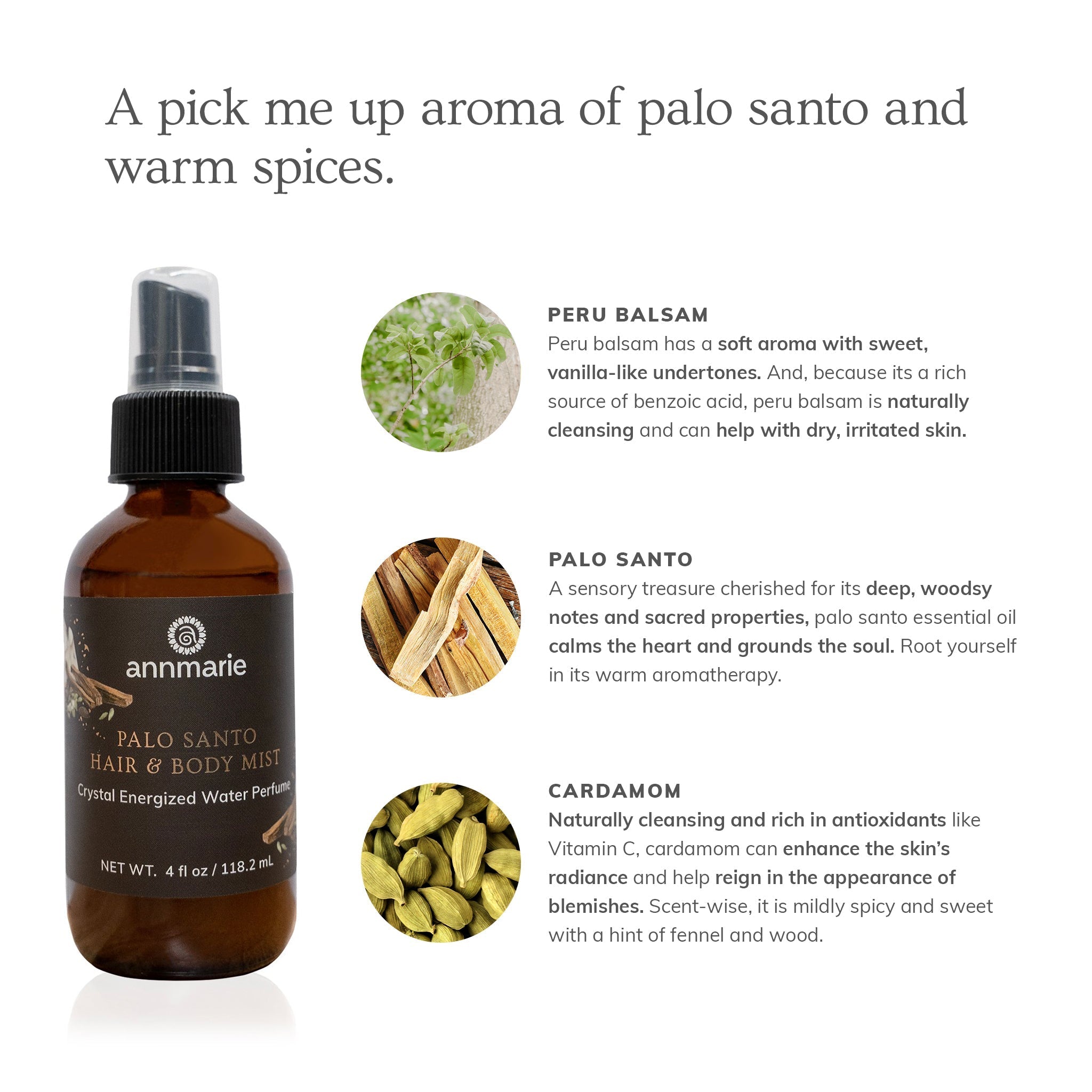 Annmarie Skin Care Palo Santo Hair & Body Mist in 4oz spray bottle, featuring natural Palo Santo scent for hair and skin.
