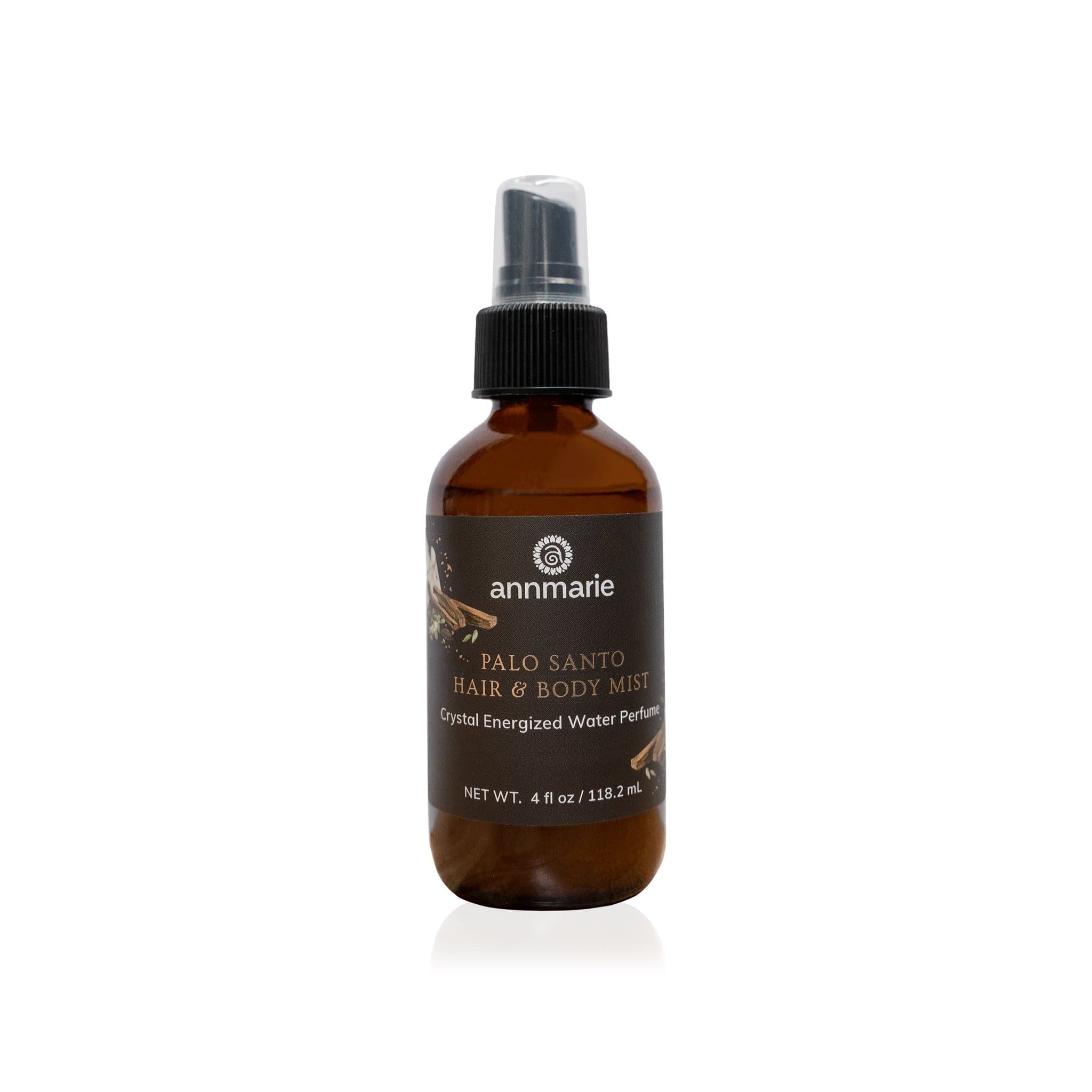Palo Santo Hair & Body Mist by Annmarie Skin Care in 4oz spray bottle, featuring natural Palo Santo scent for hair and skin.