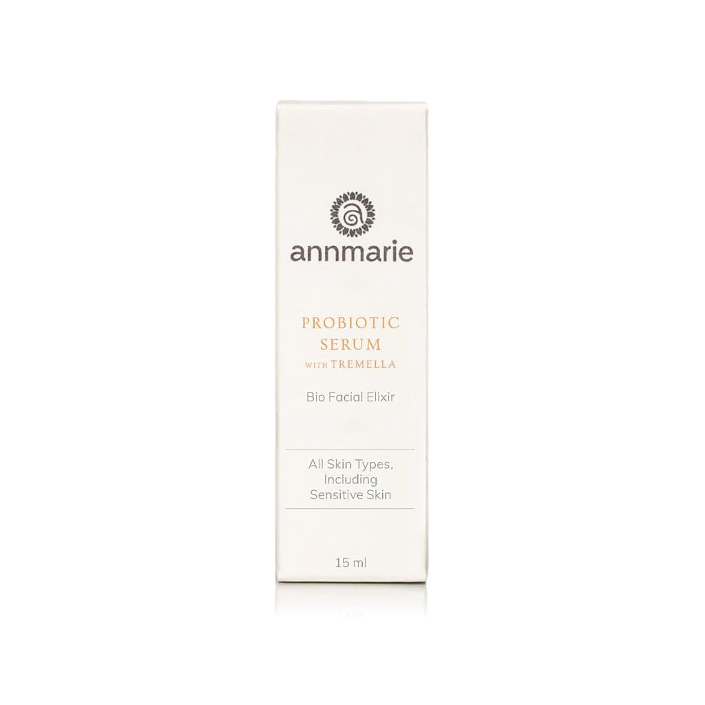 bottles of Annmarie Skin Care Probiotic Serum with Tremella extract in a 15ml dropper bottle, natural facial elixir for glowing skin