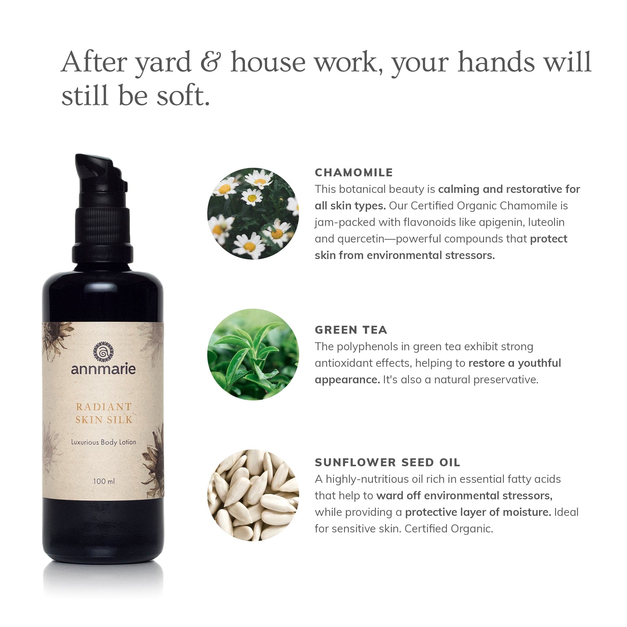 Annmarie Skin Care Radiant Skin Silk Body Lotion in 100ml bottle, soft and nourishing lotion for smooth skin.