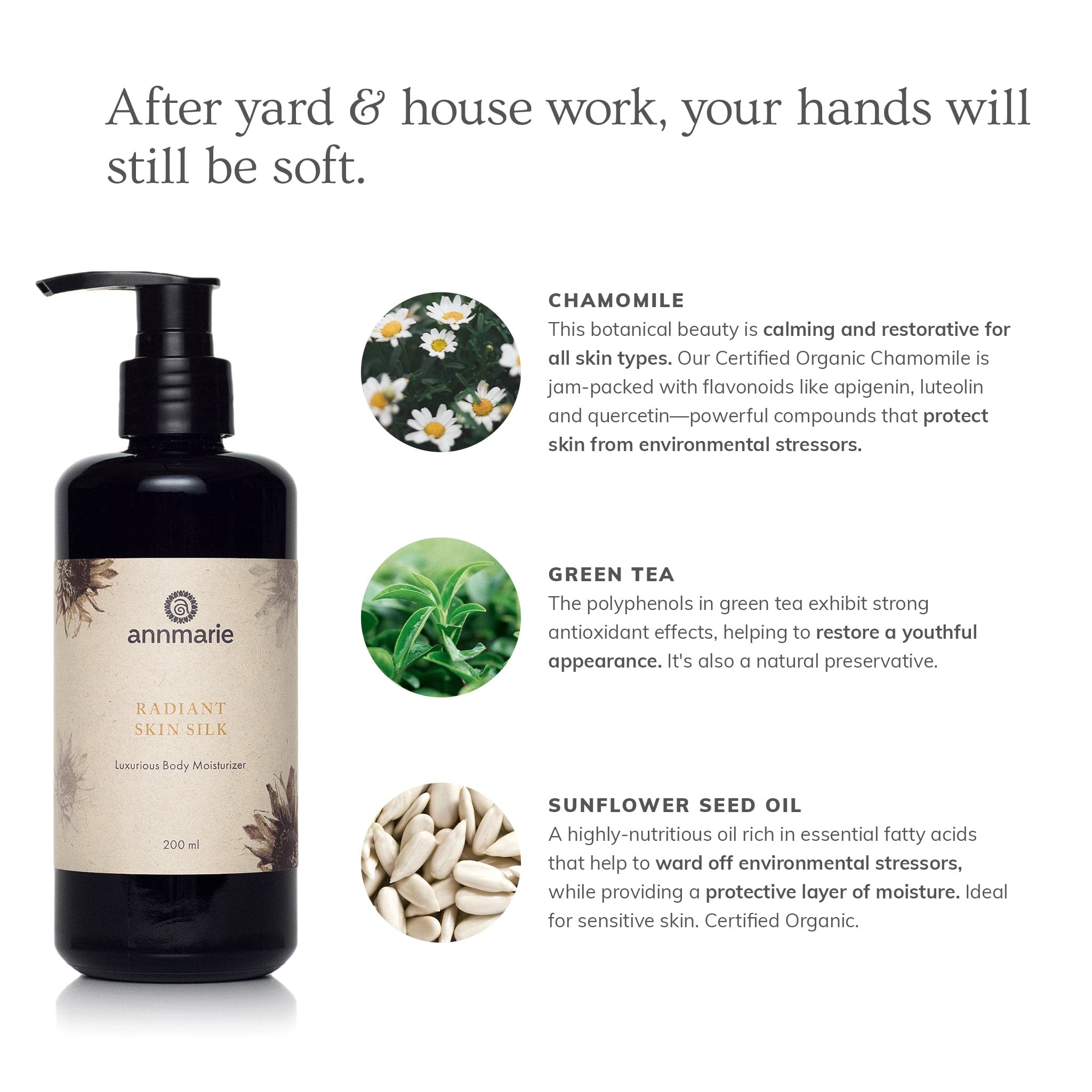 Annmarie Skin Care Radiant Skin Silk Body Lotion in 200ml bottle, smooth and hydrating moisturizer for radiant skin.