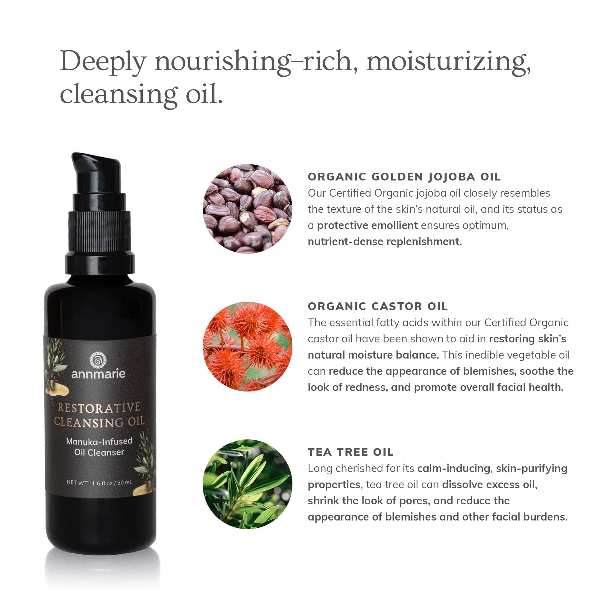 Bottle of Annmarie Skin Care Restorative Cleansing Oil in a 50ml container, designed for gentle facial cleansing.