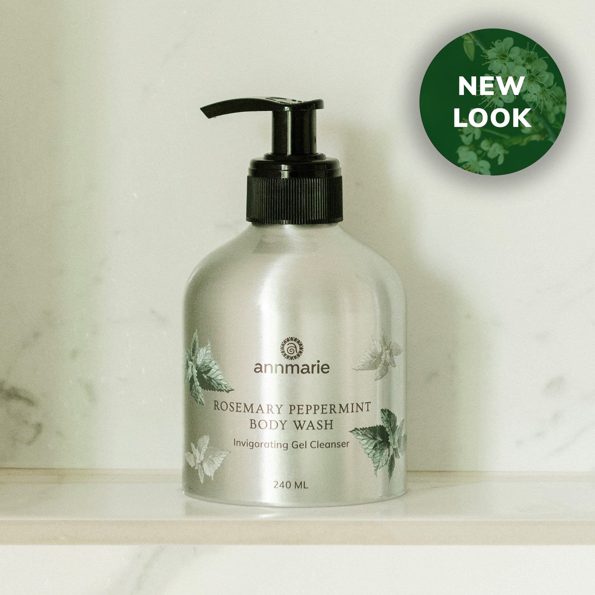 Rosemary and peppermint hand and body wash by Annmarie Skin Care in a 240ml bottle, with a natural, refreshing appearance.