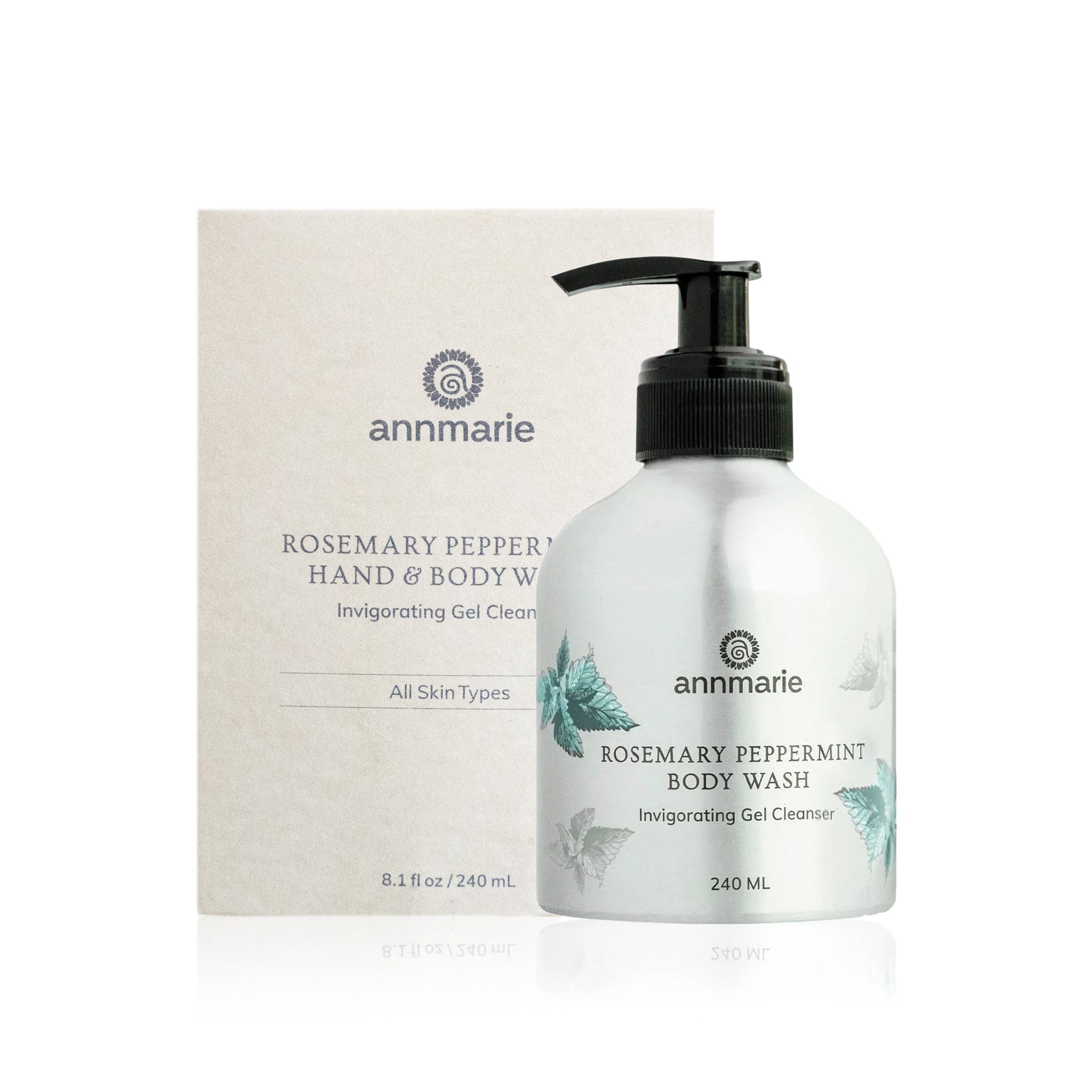 Rosemary peppermint hand and body wash by Annmarie Skin Care in a 240ml bottle, featuring herbal ingredients and natural cleansing.