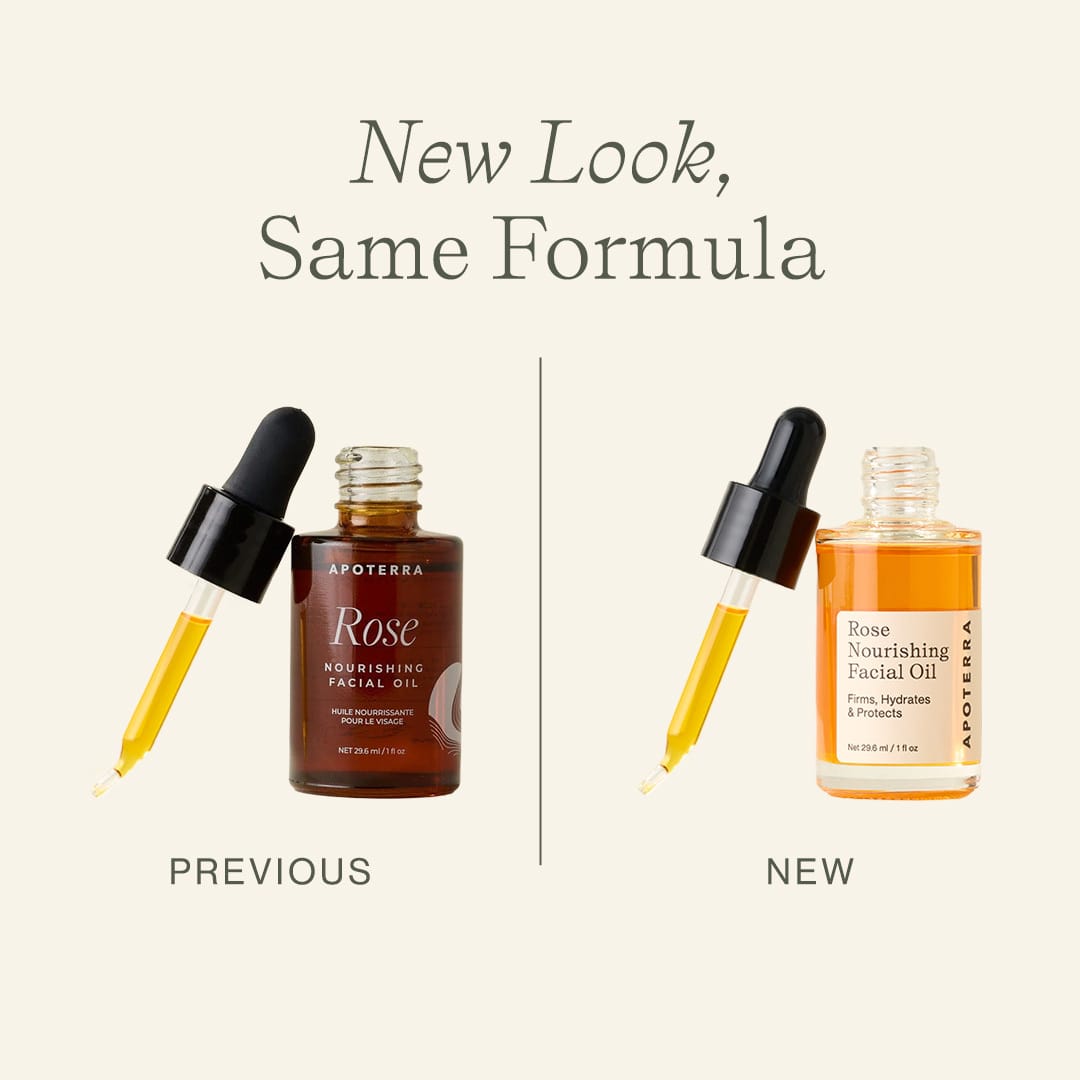 Apoterra Rose Nourishing Facial Oil with a dropper bottle, showcasing the elegant packaging and rose-infused skincare formula.