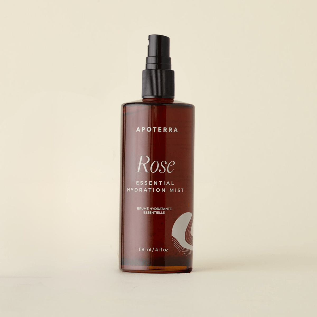 Apoterra Rose Essential Hydration Mist toner with a spray bottle, featuring rose extract for refreshing skin hydration.