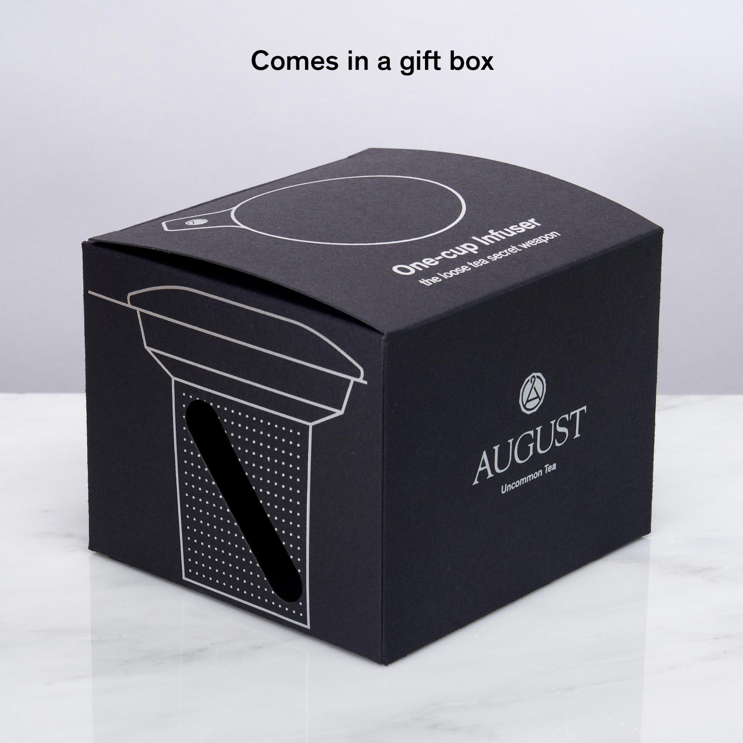 Stainless steel One Cup Tea Infuser by August Uncommon Tea, featuring a mesh design for easy brewing and strainings.