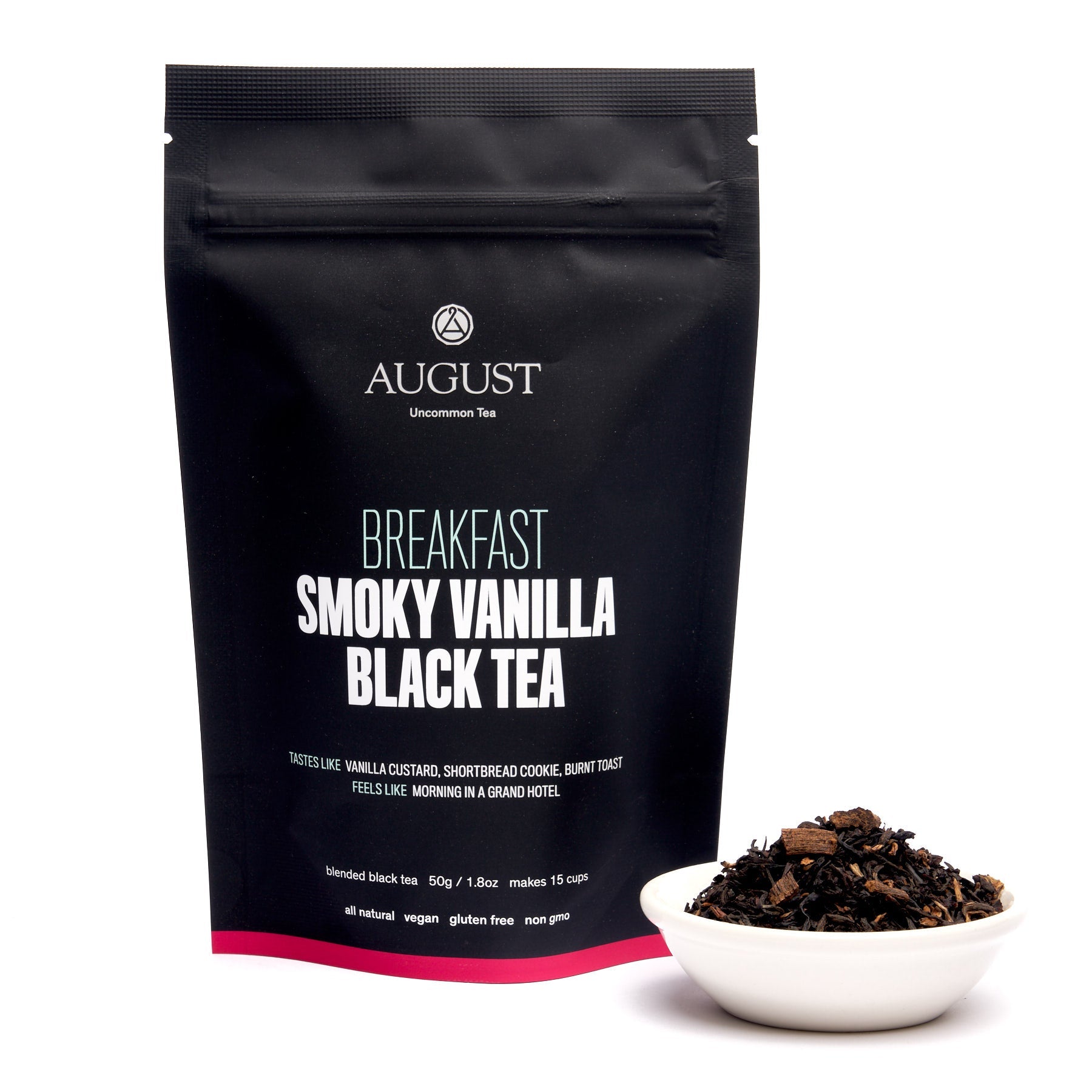Black tea bag of August Uncommon's Smoky Vanilla Black Tea, a flavorful black tea beverage with hints of vanilla and smoky aroma.