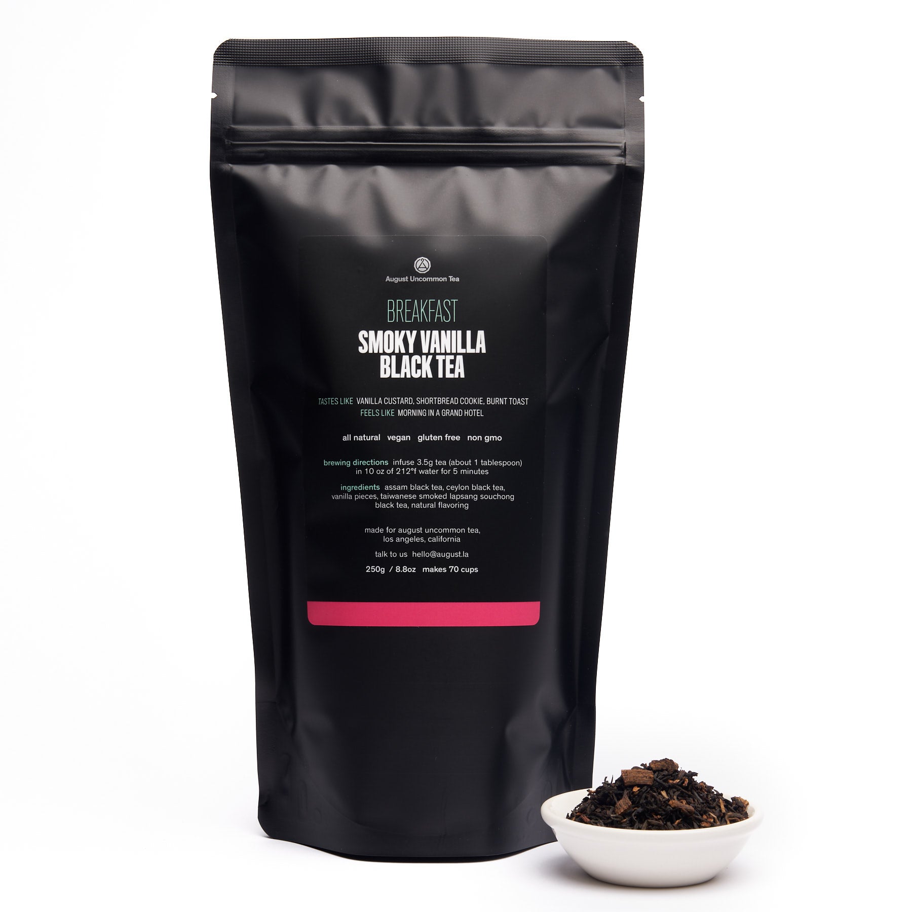 Smoky vanilla black tea bag from August Uncommon Tea, showcasing a black tea package labeled Breakfast variety.