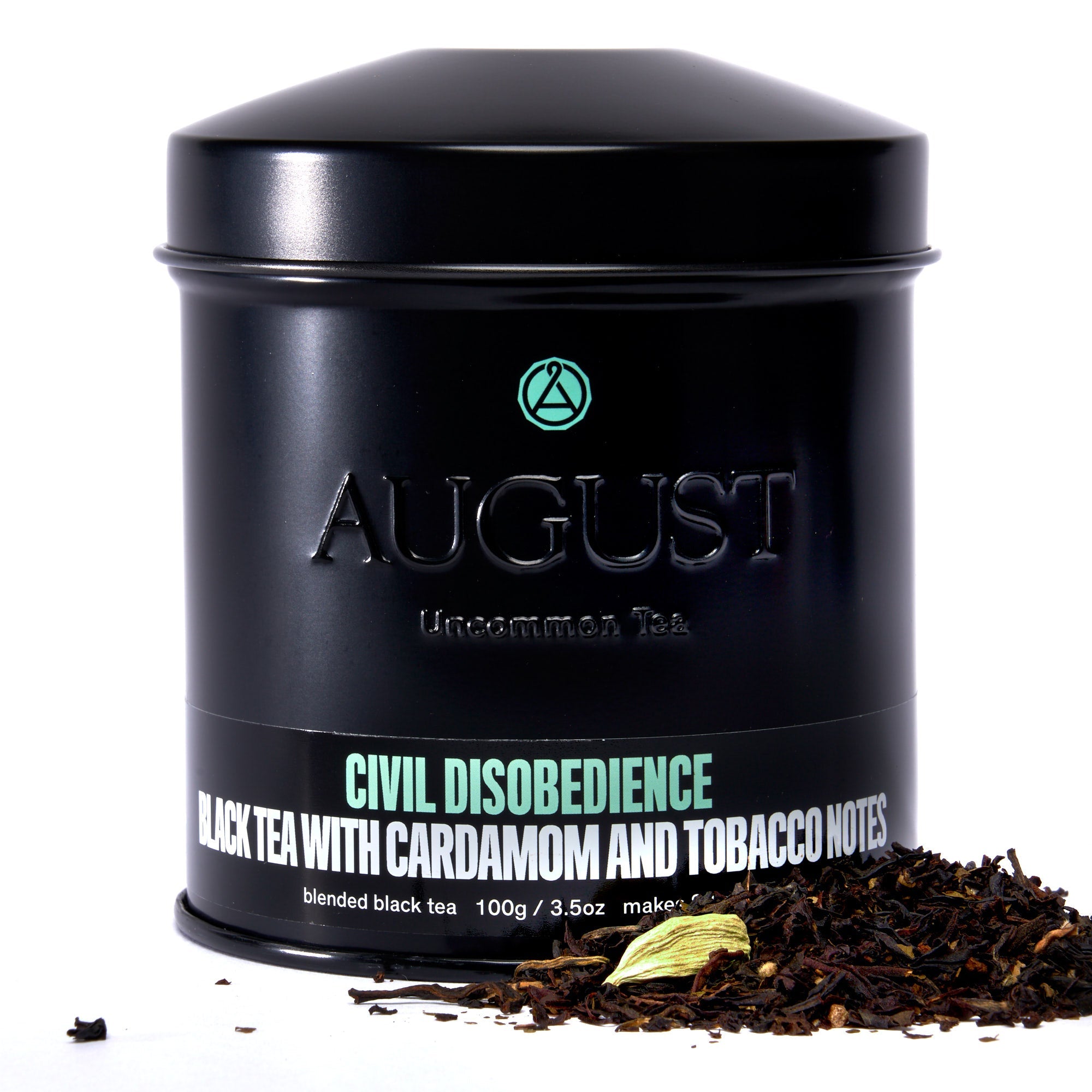 August Uncommon Tea Civil Disobedience Smoky Cardamom Black Tea in a 15-cup bag, featuring dark, fragrant black tea with smoky and spicy notes.