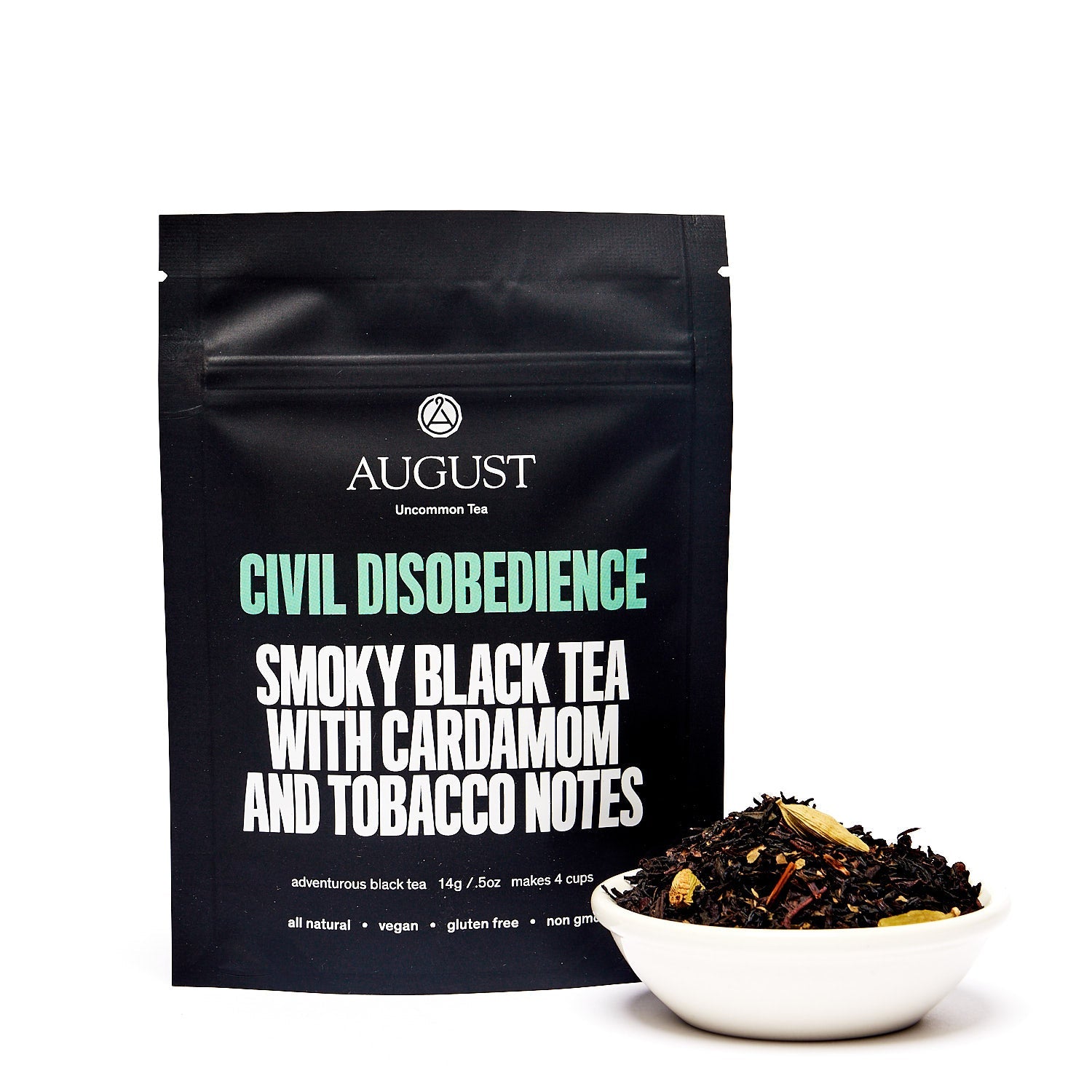August Uncommon Tea Civil Disobedience Smoky Cardamom Black Tea in a 15-cup bag, rich black tea with smoky and spicy cardamom flavor.