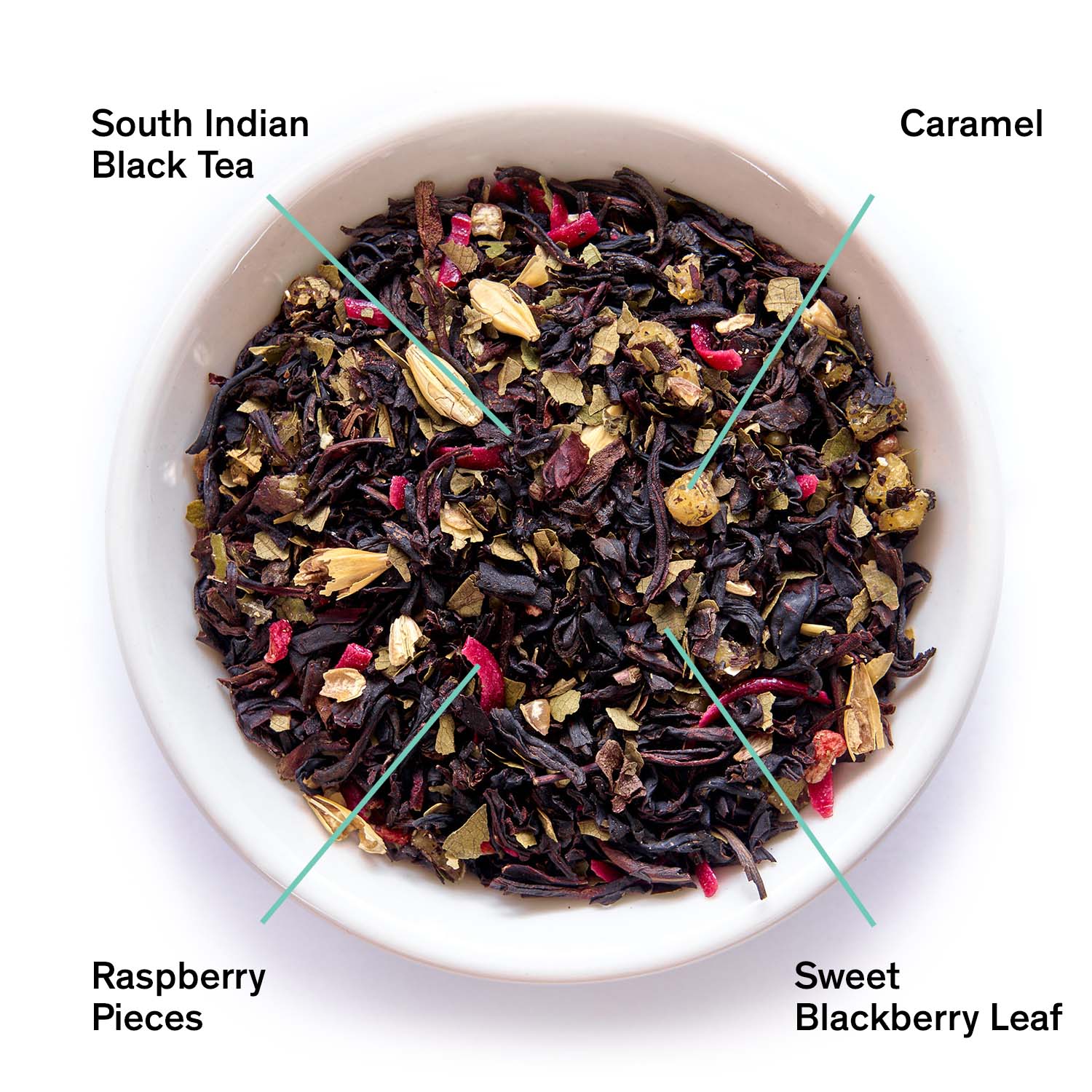 Razzmatazz Raspberry Burnt Sugar Black Tea bag from August Uncommon Tea, featuring vibrant raspberry and rich burnt sugar flavors.