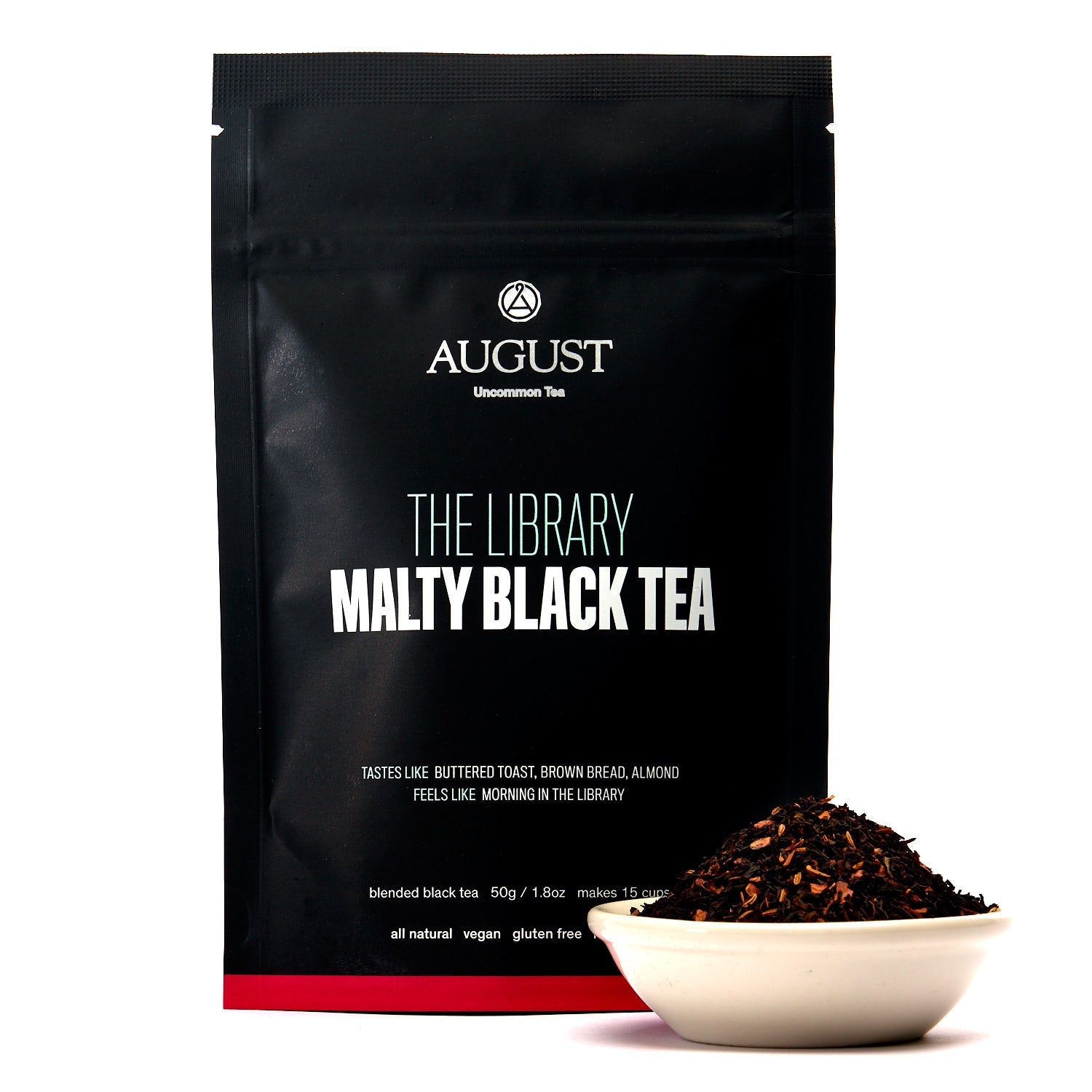 August Uncommon Tea Library Malty Black Tea bag, showcasing the black tea packaging with branding and product details.