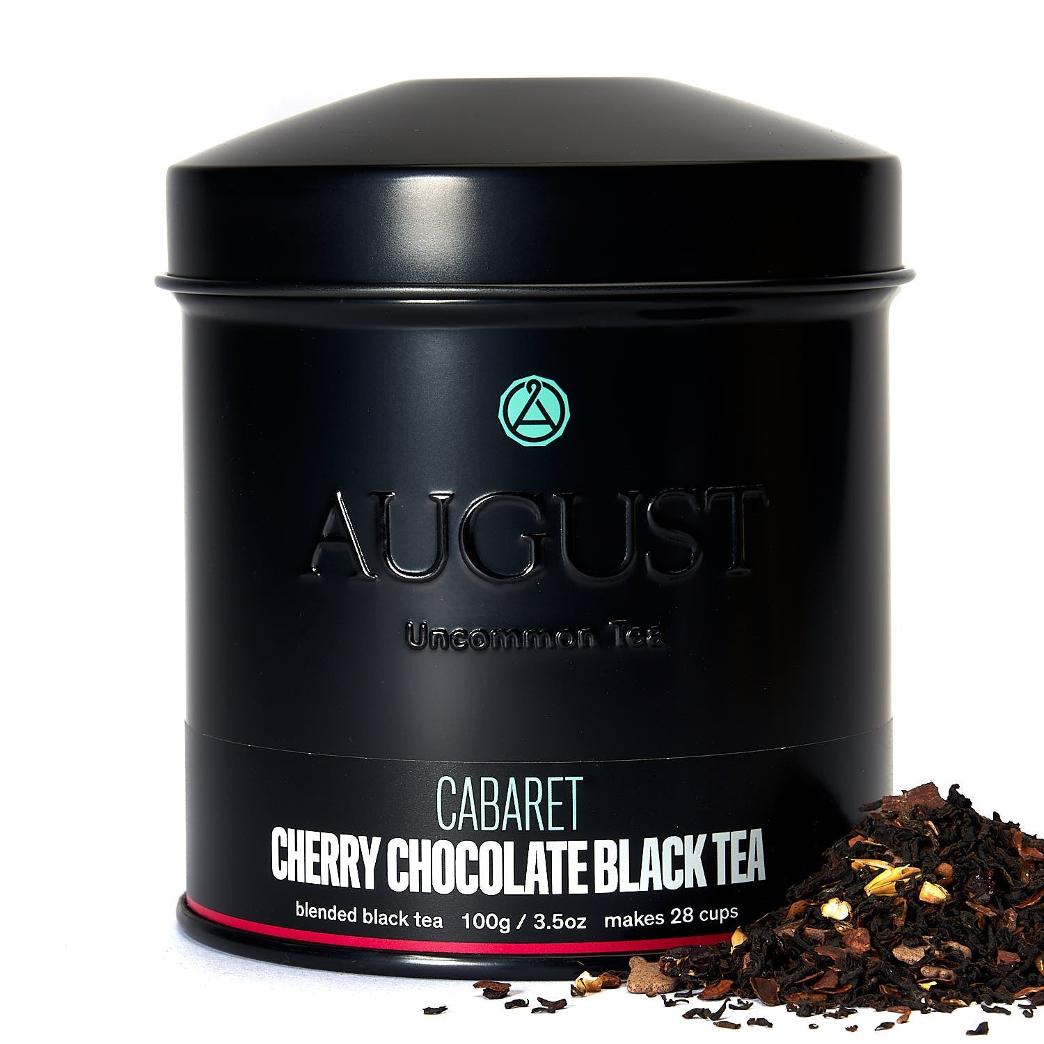 Cabaret Cherry Chocolate Black Tea by August Uncommon Tea in a 28-cup tin, showcasing rich black tea with cherry and chocolate flavors.
