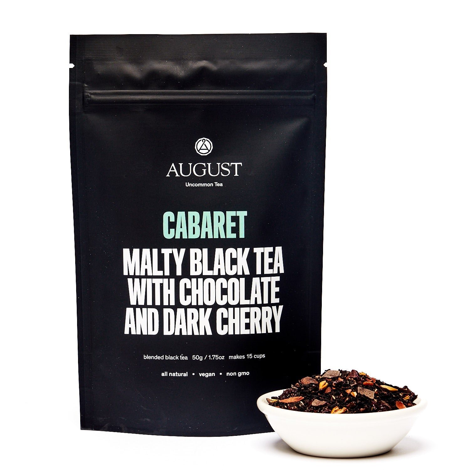 Cabaret Cherry Chocolate Black Tea tin by August Uncommon Tea featuring black tea with cherry and chocolate flavors in a 28-cup tin