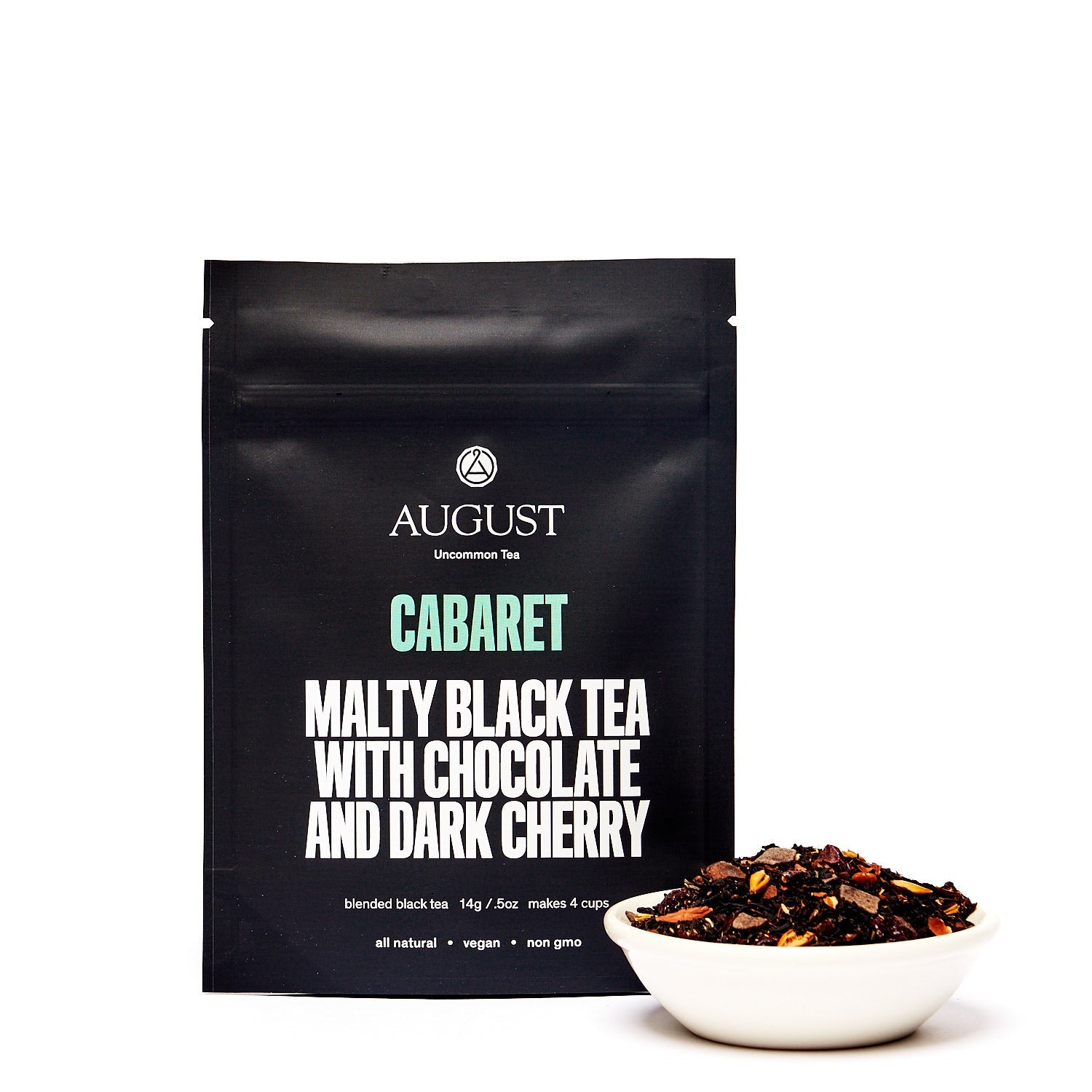 Black tea in a 28-cup tin labeled Cabaret Cherry Chocolate Black Tea by August Uncommon Tea, featuring a dark, aromatic tea blend.