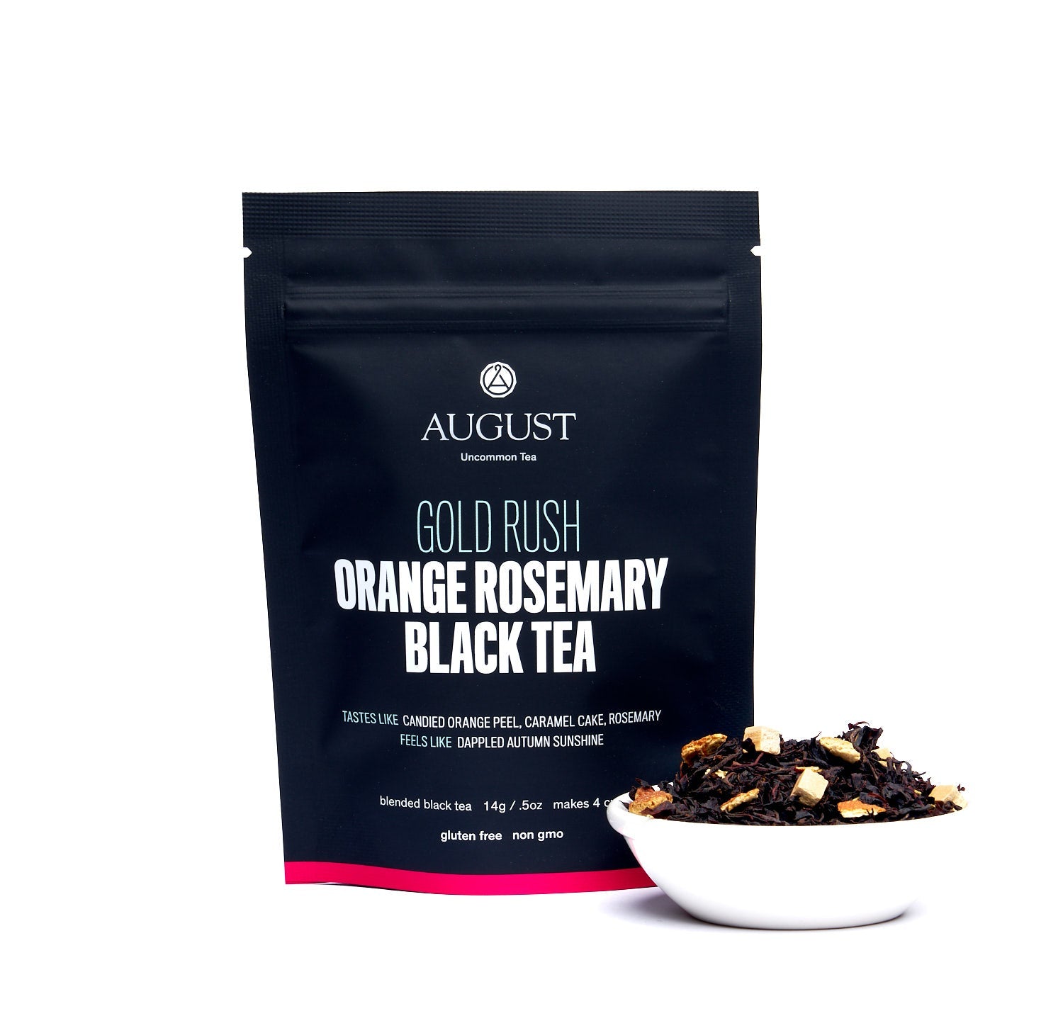Black tea in a 28-cup tin featuring Gold Rush Orange Rosemary Caramel flavor from August Uncommon Tea.