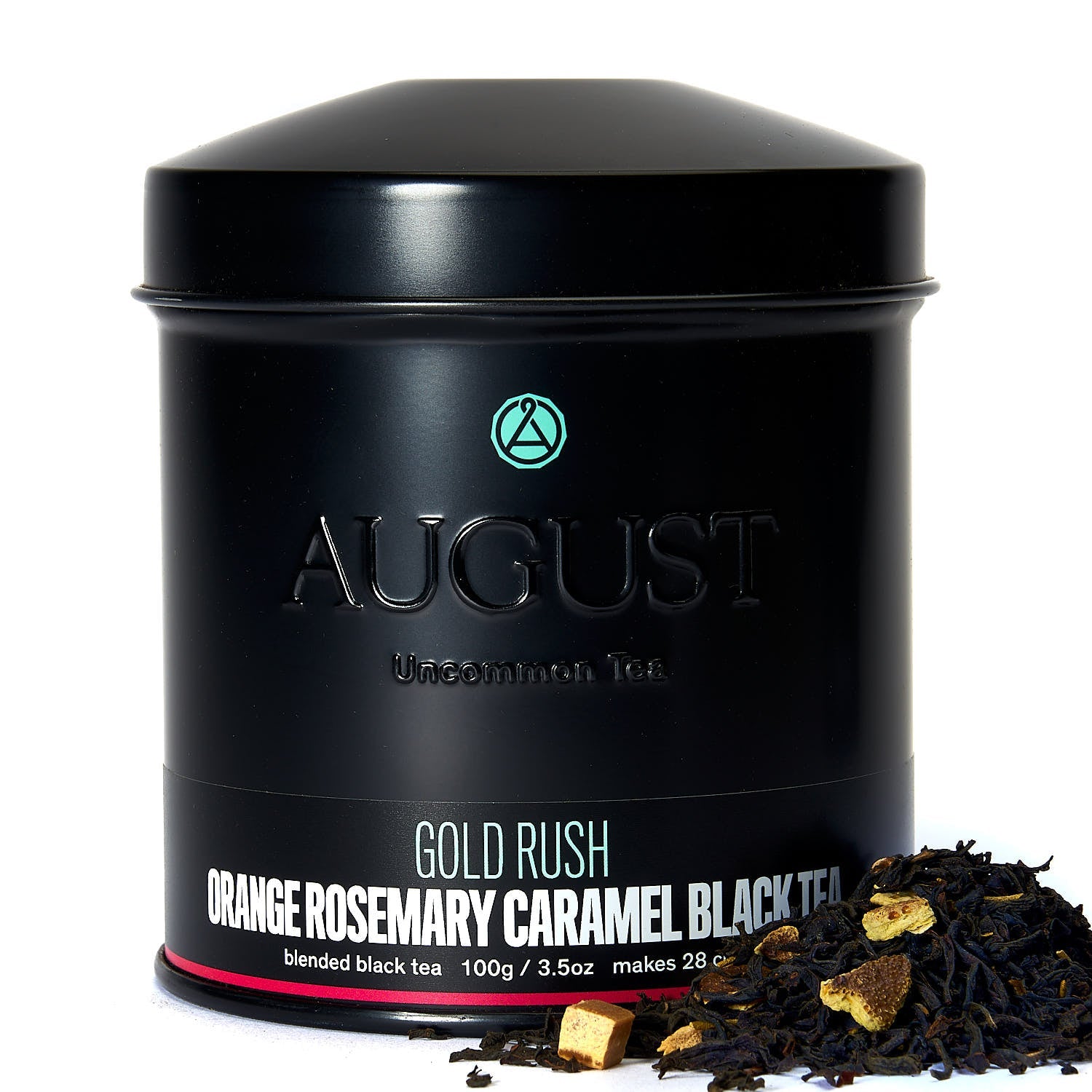 Black tea tin labeled Gold Rush Orange Rosemary Caramel Black Tea by August Uncommon Tea, with the tea leaves and packaging visible.