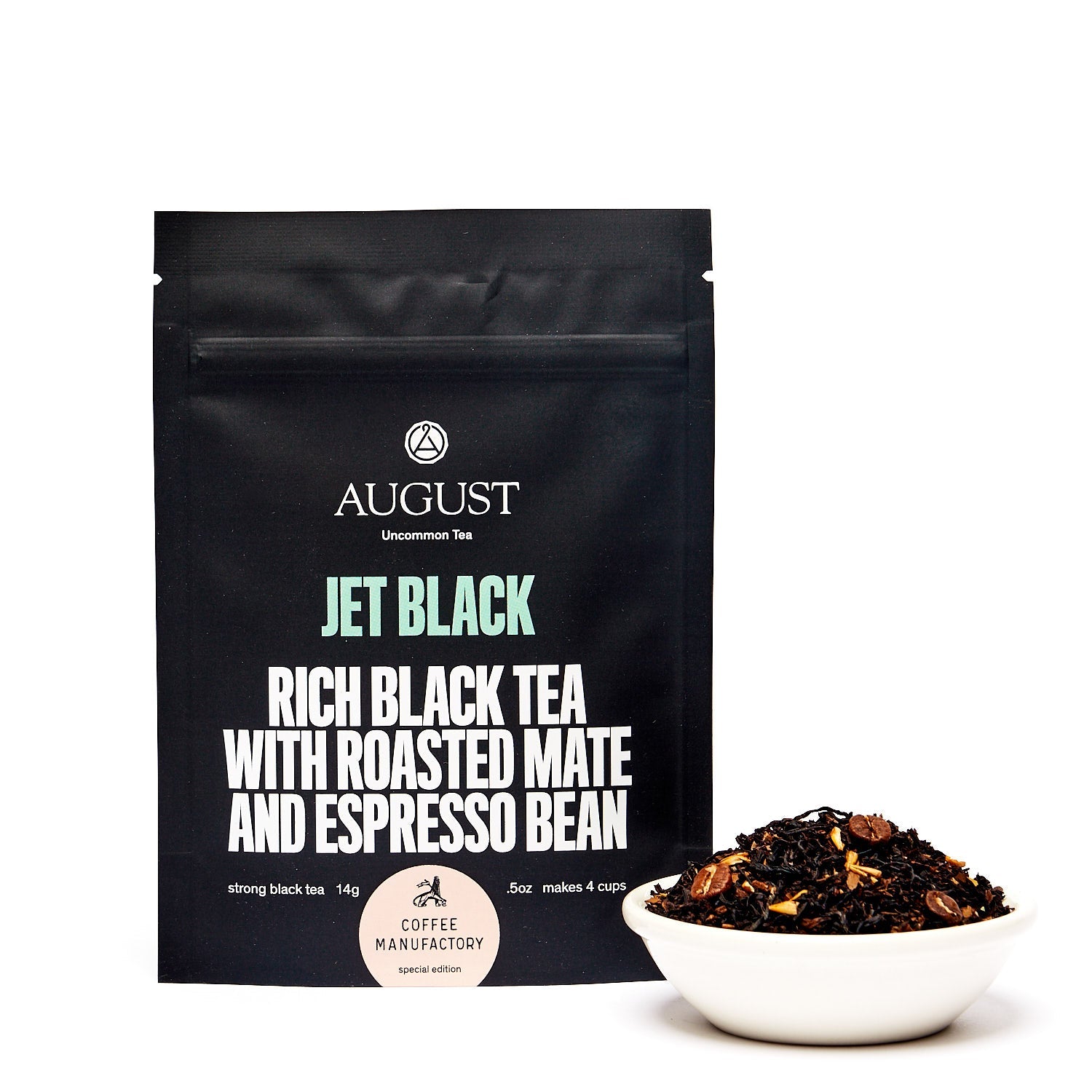 Jar of Jet Black Roasty Coffee Black Tea by August Uncommon Tea, showcasing the black tea in a 28-cup tin container.