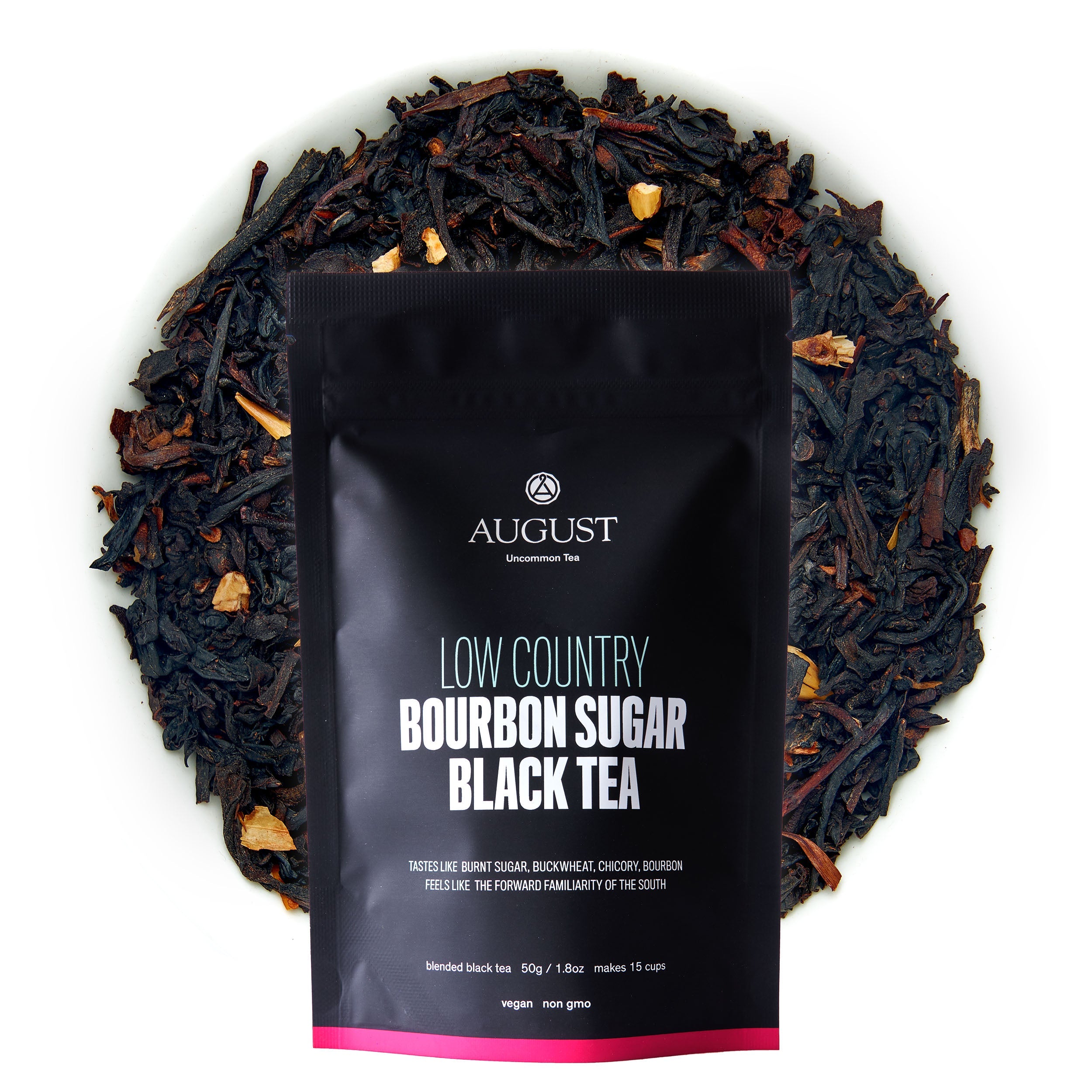 Black tea in a 28-cup tin, Low Country Bourbon Sugar Black Tea by August Uncommon Tea, showcasing the tea leaves and packaging.