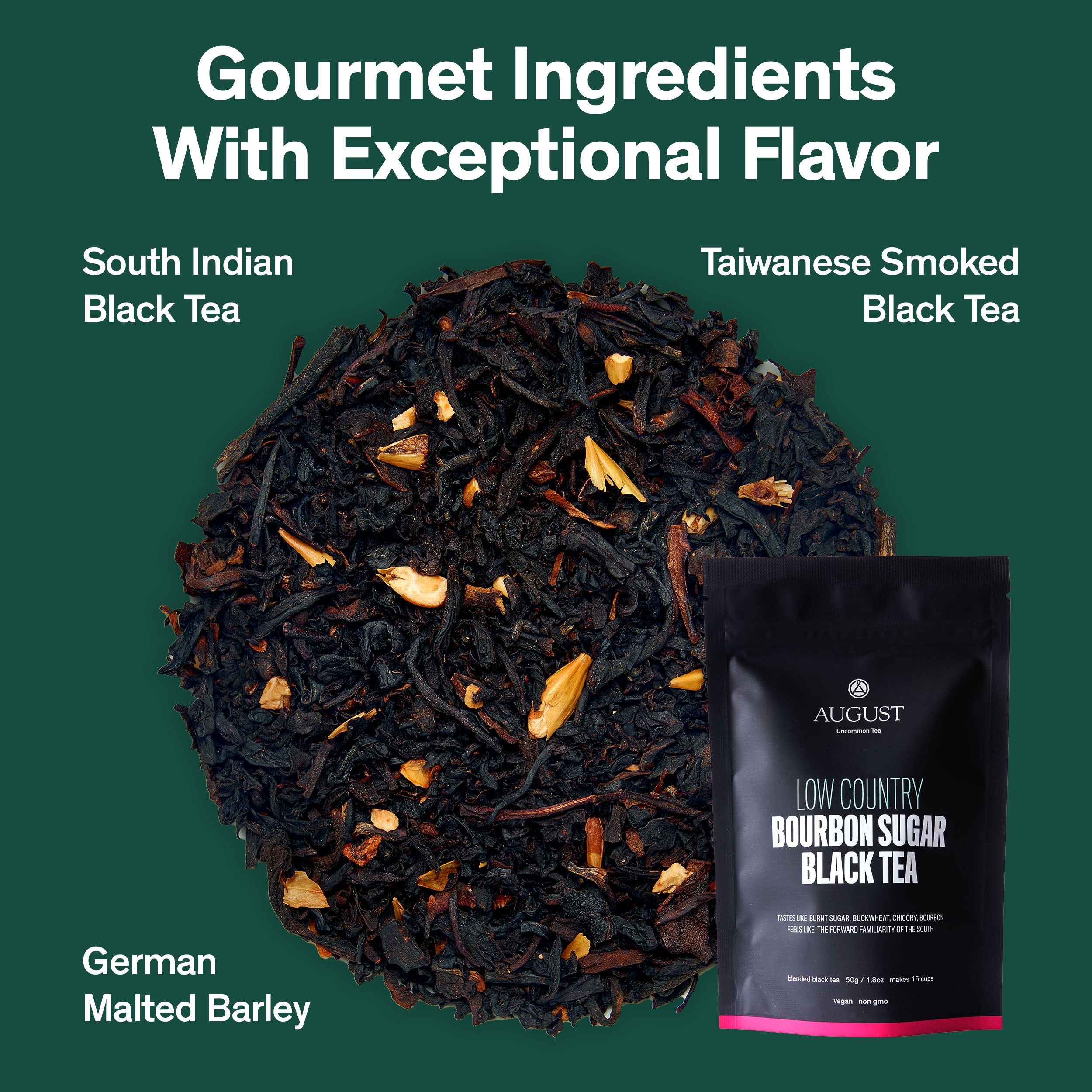 Black tea in a 28-cup tin, Low Country Bourbon Sugar Black Tea by August Uncommon Tea, with loose tea leaves visible.