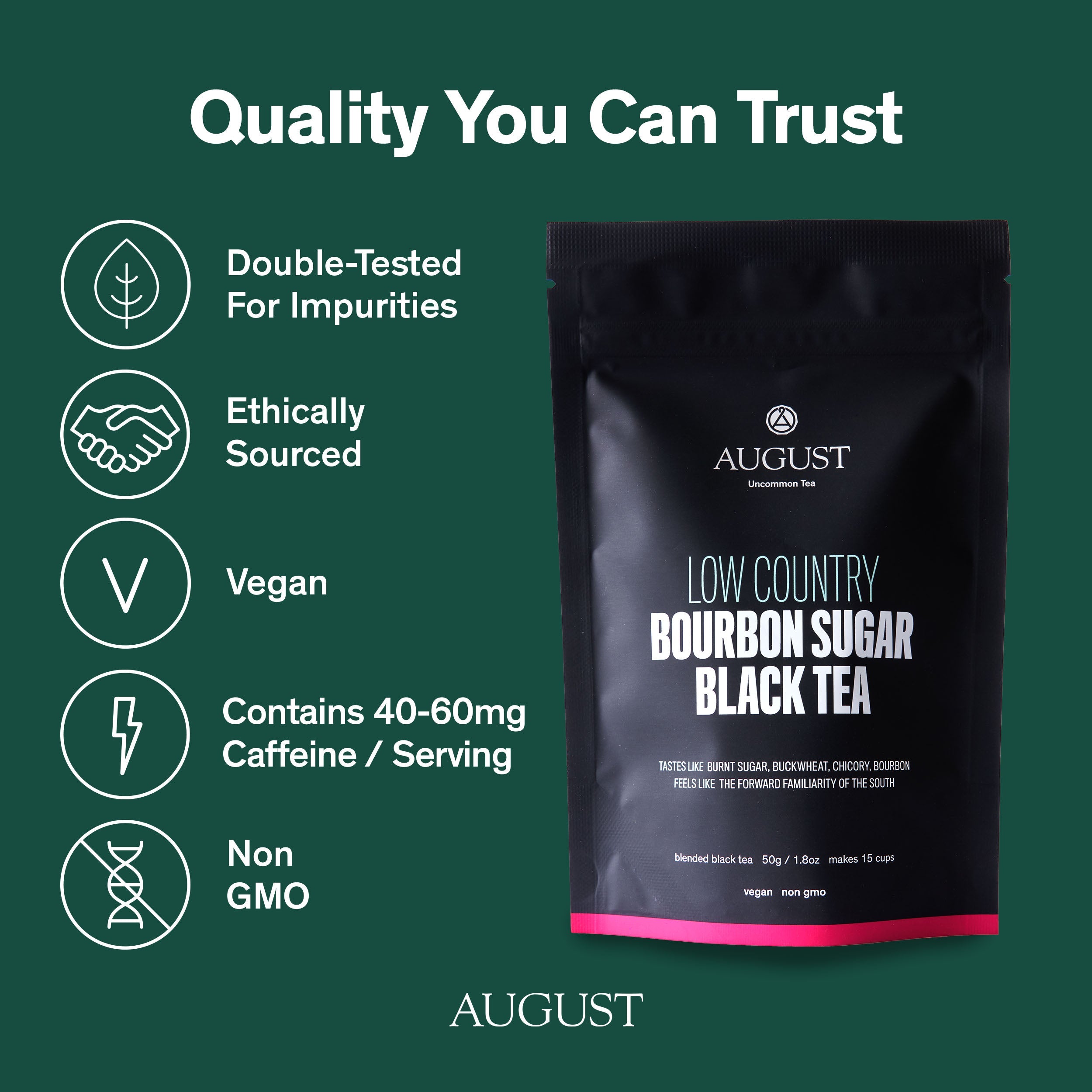 Black tea in a 28-cup tin from August Uncommon Tea, Low Country Bourbon Sugar Black Tea, with dark tea leaves visible inside