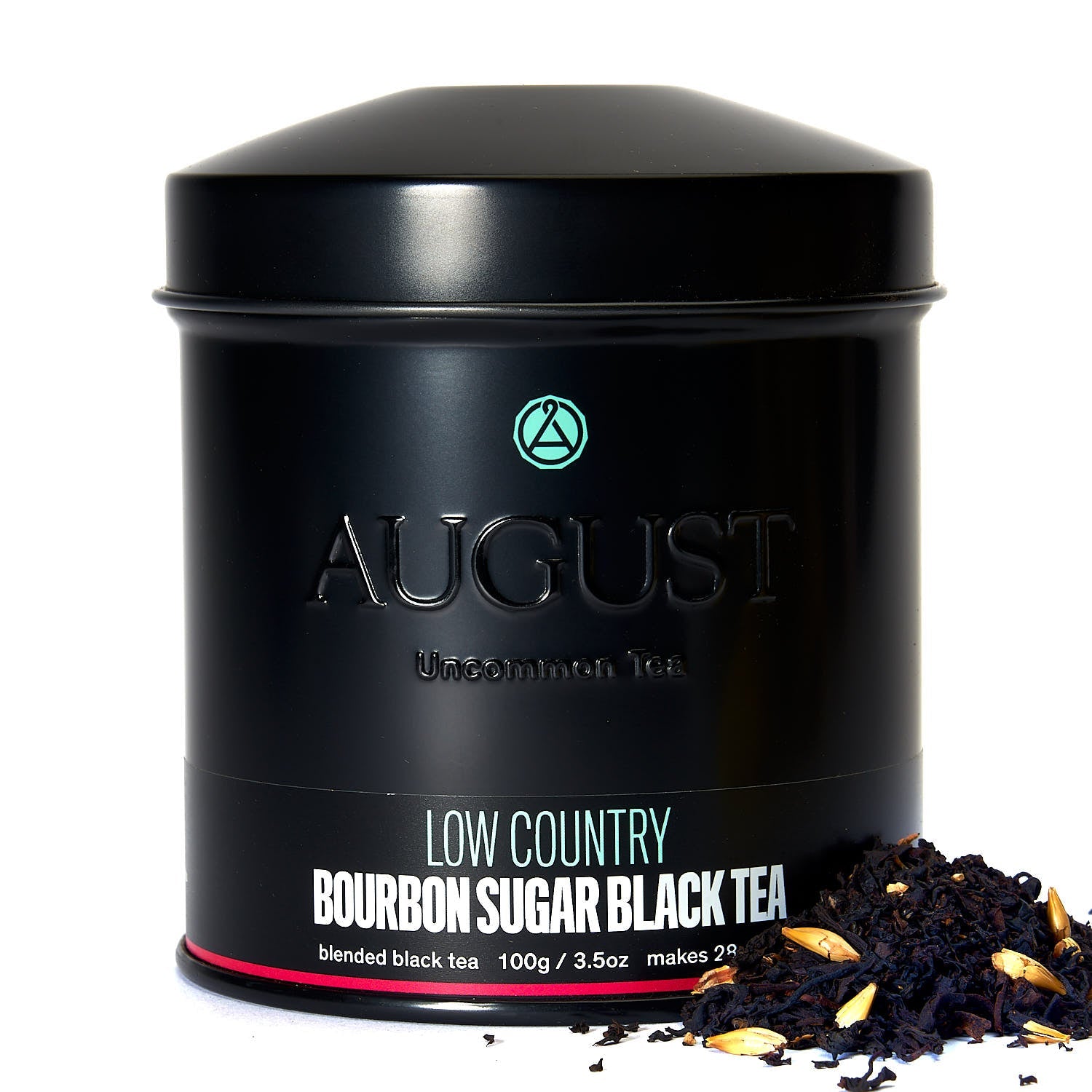Black tea in a 28-cup tin from August Uncommon Tea, Low Country Bourbon Sugar Black Tea, showcasing the tea leaves inside
