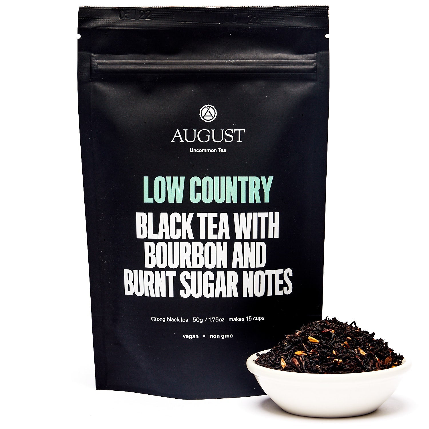 Low Country Bourbon Sugar Black Tea by August Uncommon Tea in a 28-cup tin, showcasing black tea leaves and packaging label.