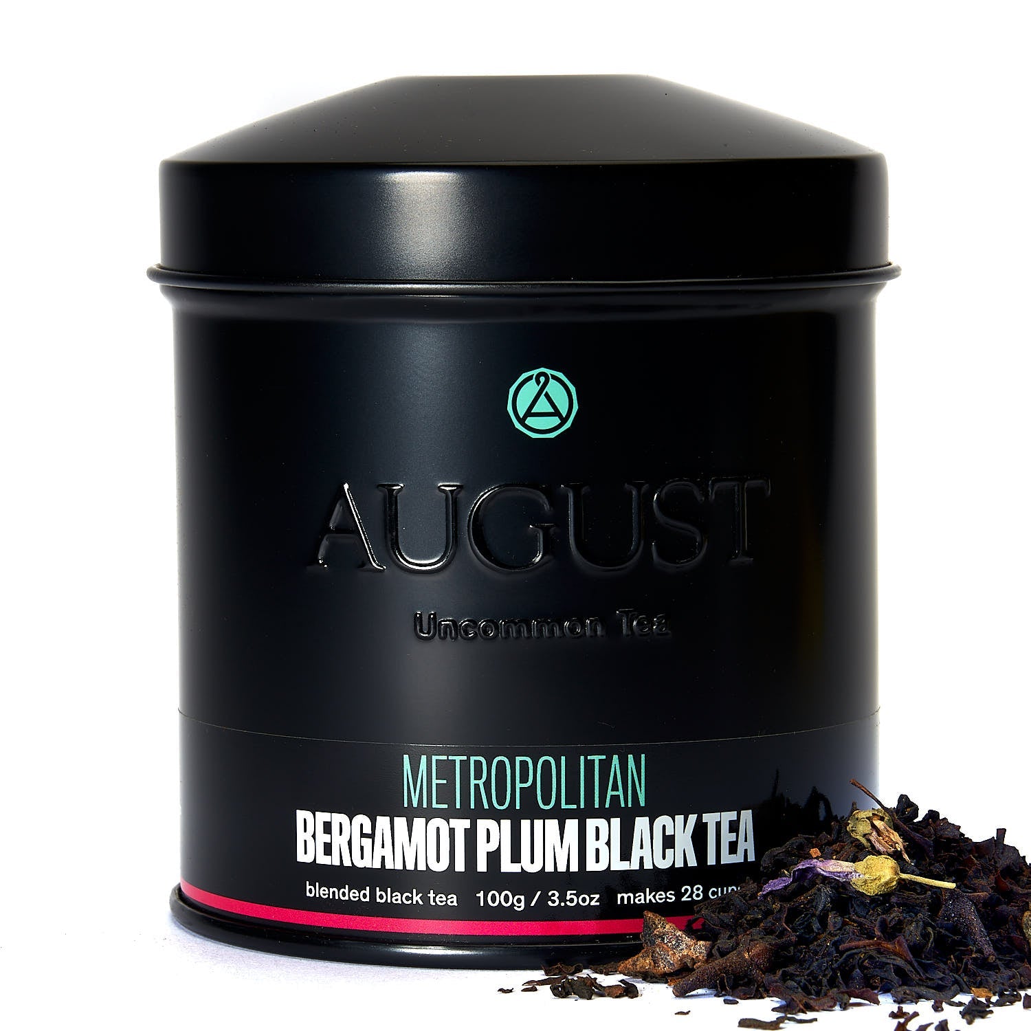 August Uncommon Tea Metropolitan Bergamot Plum Earl Grey Black Tea in a 28-cup tin, showcasing the black tea blend with bergamot and plum flavors.