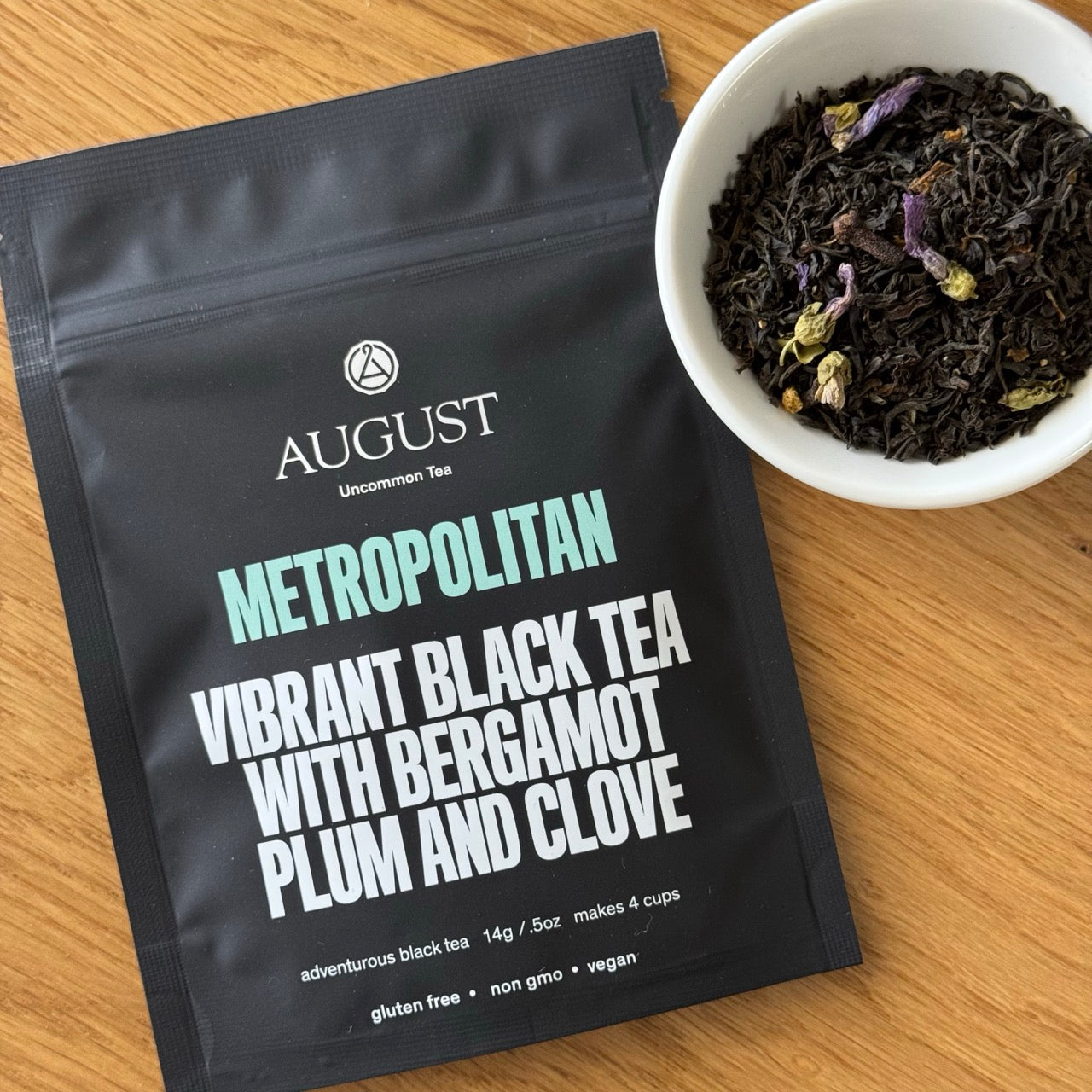 August Uncommon Tea Metropolitan Black Tea with bergamot, plum, and Earl Grey flavor in a 28-cup tin.