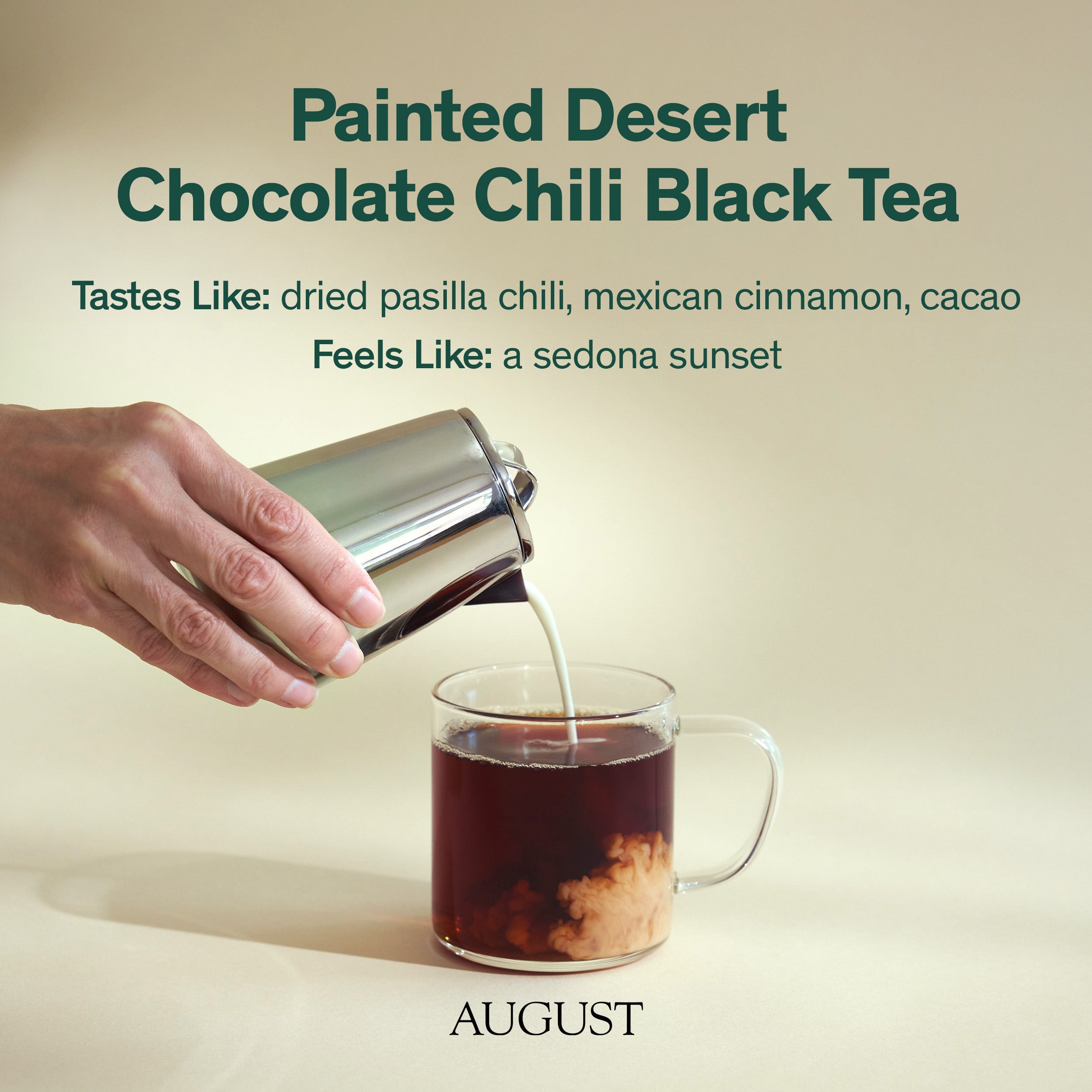 Painted Desert Chocolate Chili Black Tea in a 28-cup tin by August Uncommon Tea, showcasing the tea packaging and branding.