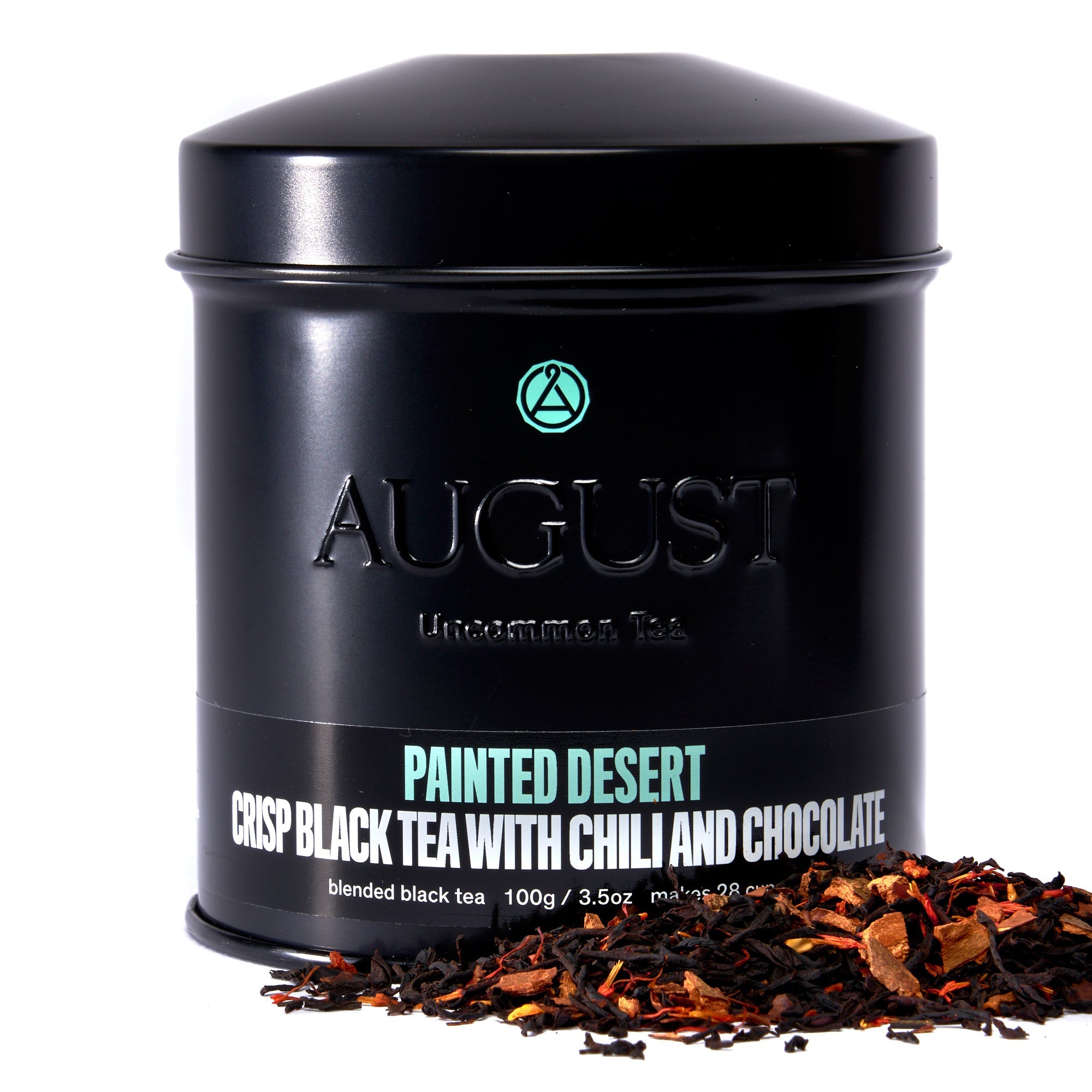 August Uncommon Tea Painted Desert Chocolate Chili Black Tea in a 28-cup tin, showcasing the dark, flavorful black tea blend.