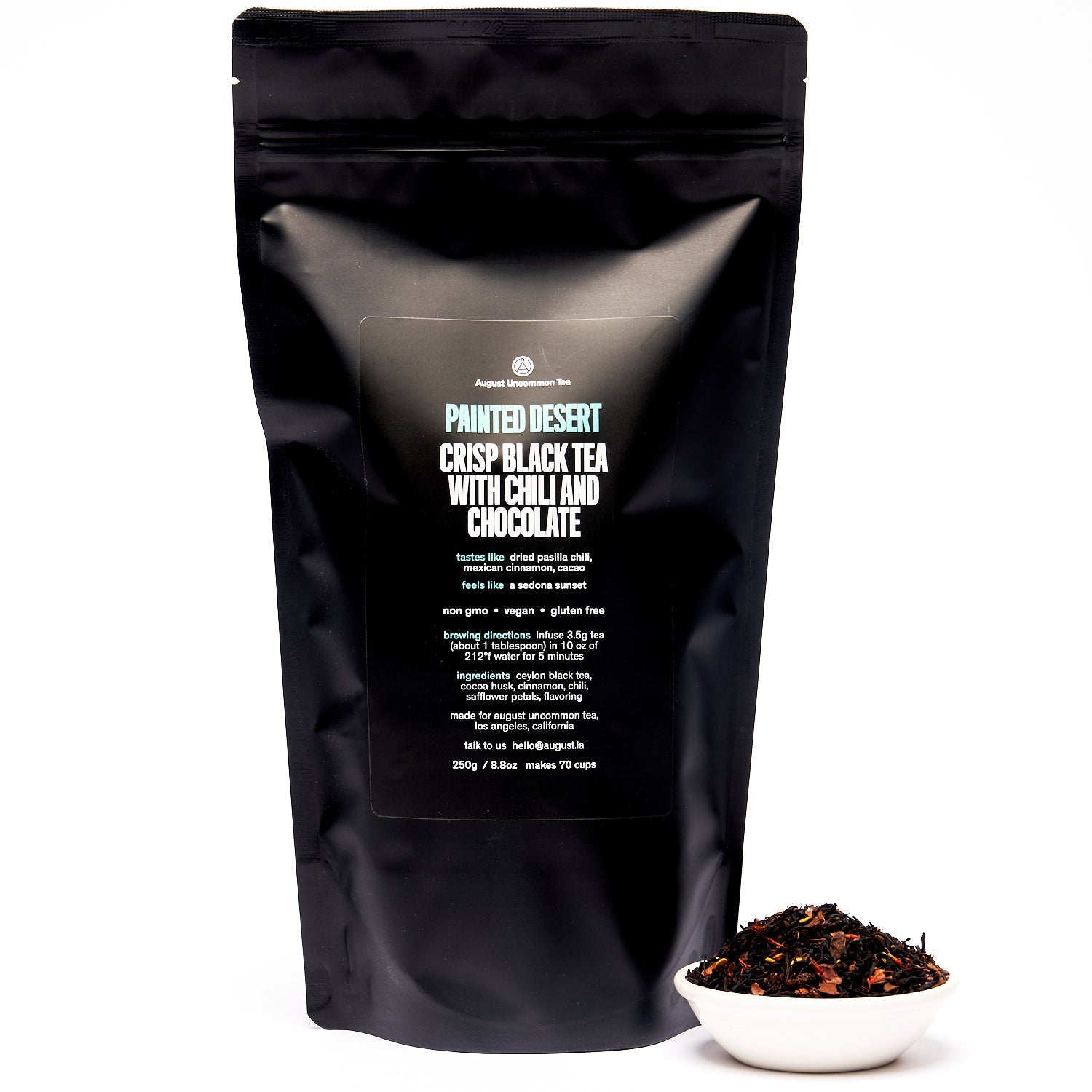 Painted Desert Chocolate Chili Black Tea tin by August Uncommon Tea, black tea with rich chocolate and chili flavors.
