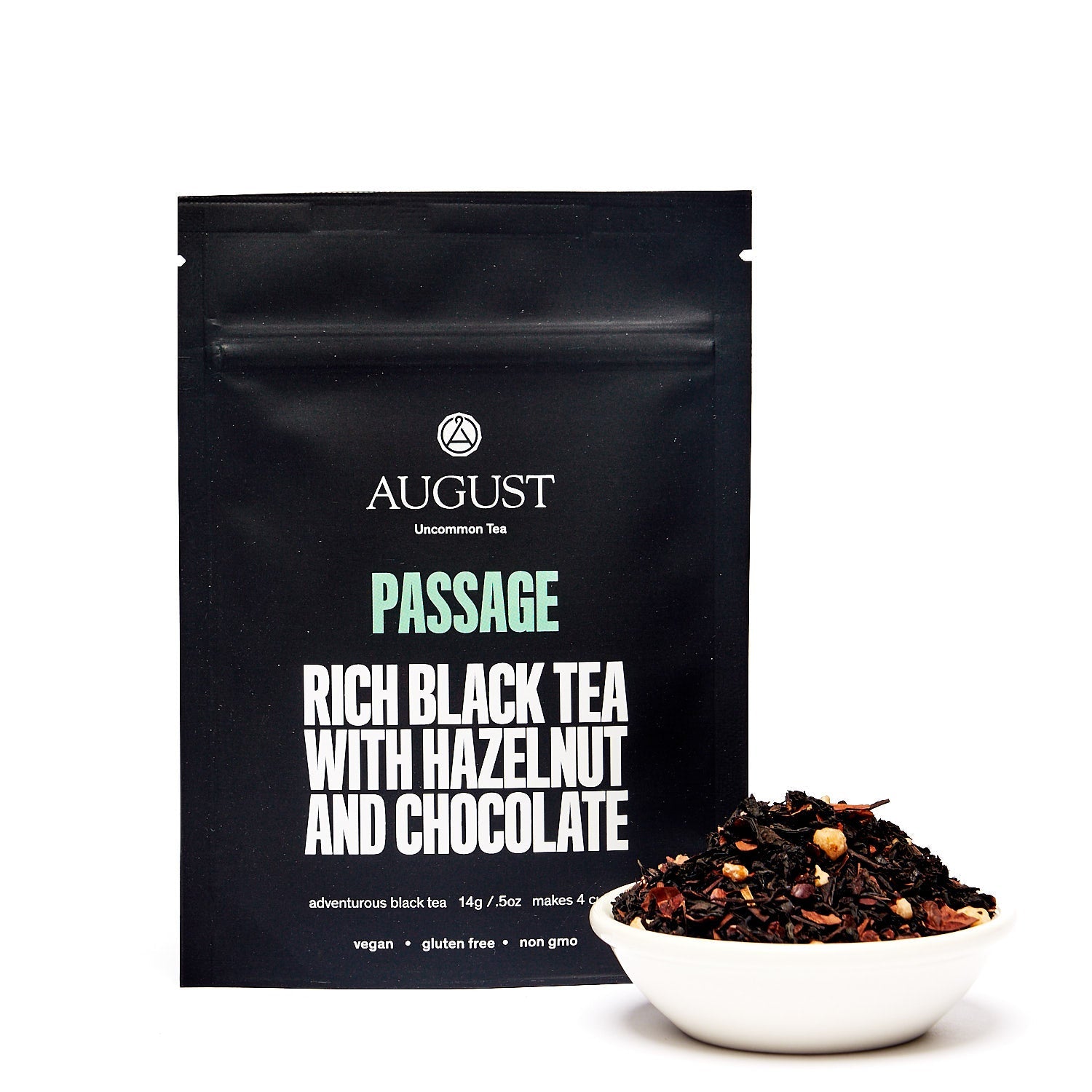 August Uncommon Passage Hazelnut Chocolate Black Tea in a 28-cup tin, featuring black tea with hazelnut and chocolate flavor.