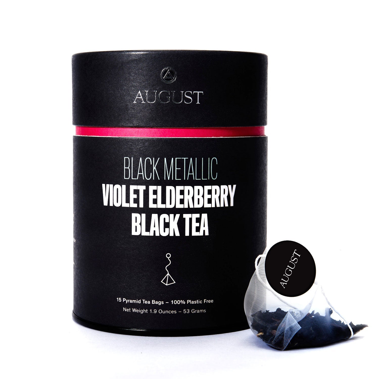 Black Metallic Violet Elderberry Black Tea by August Uncommon Tea, 15 tea bags in a sleek packaging.