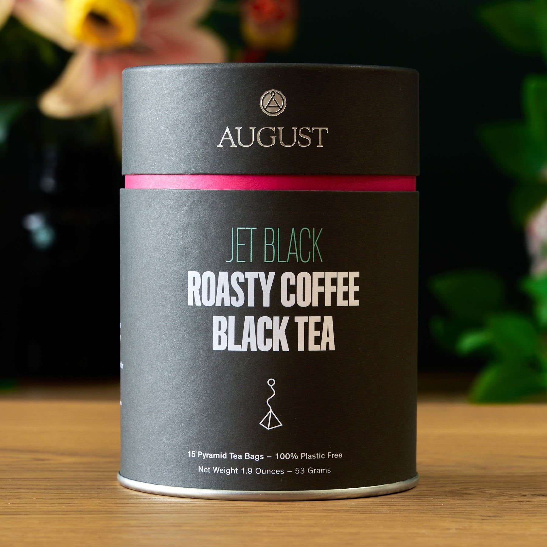Jet Black Roasty Coffee Black Tea by August Uncommon Tea in a box of 15 tea bags, showcasing the packaging of this rich black tea.