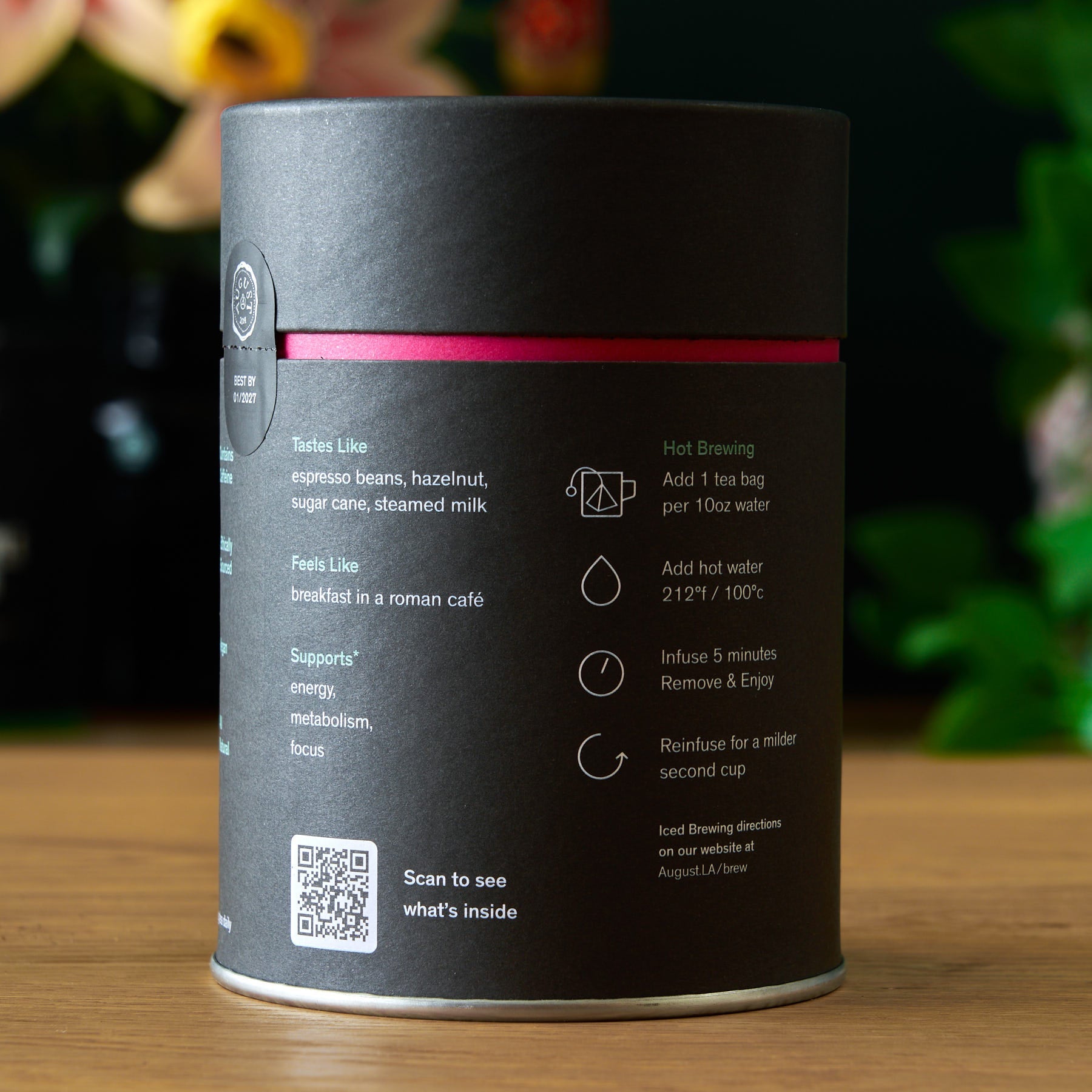 Jet Black Roasty Coffee Black Tea by August Uncommon Tea, 15 tea bags in a box, featuring dark black tea leaves with a rich, roasted aroma.