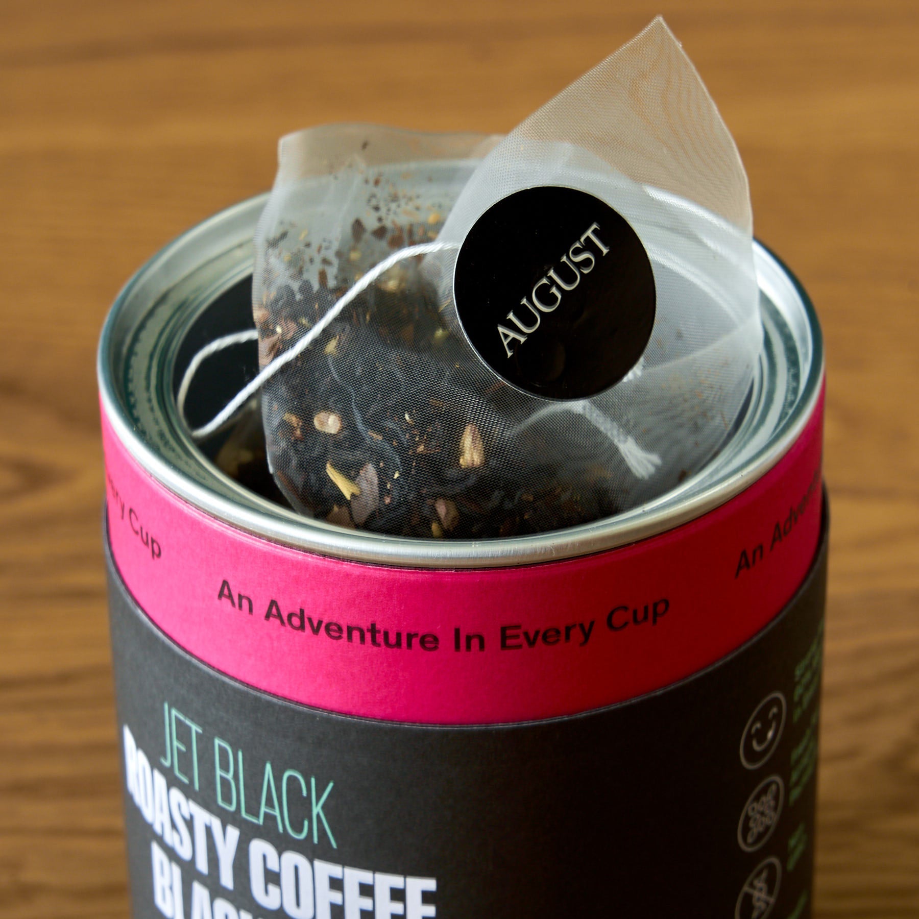 Jet Black Roasty Coffee Black Tea by August Uncommon Tea, 15 tea bags in a box, showcasing the black tea packaging.