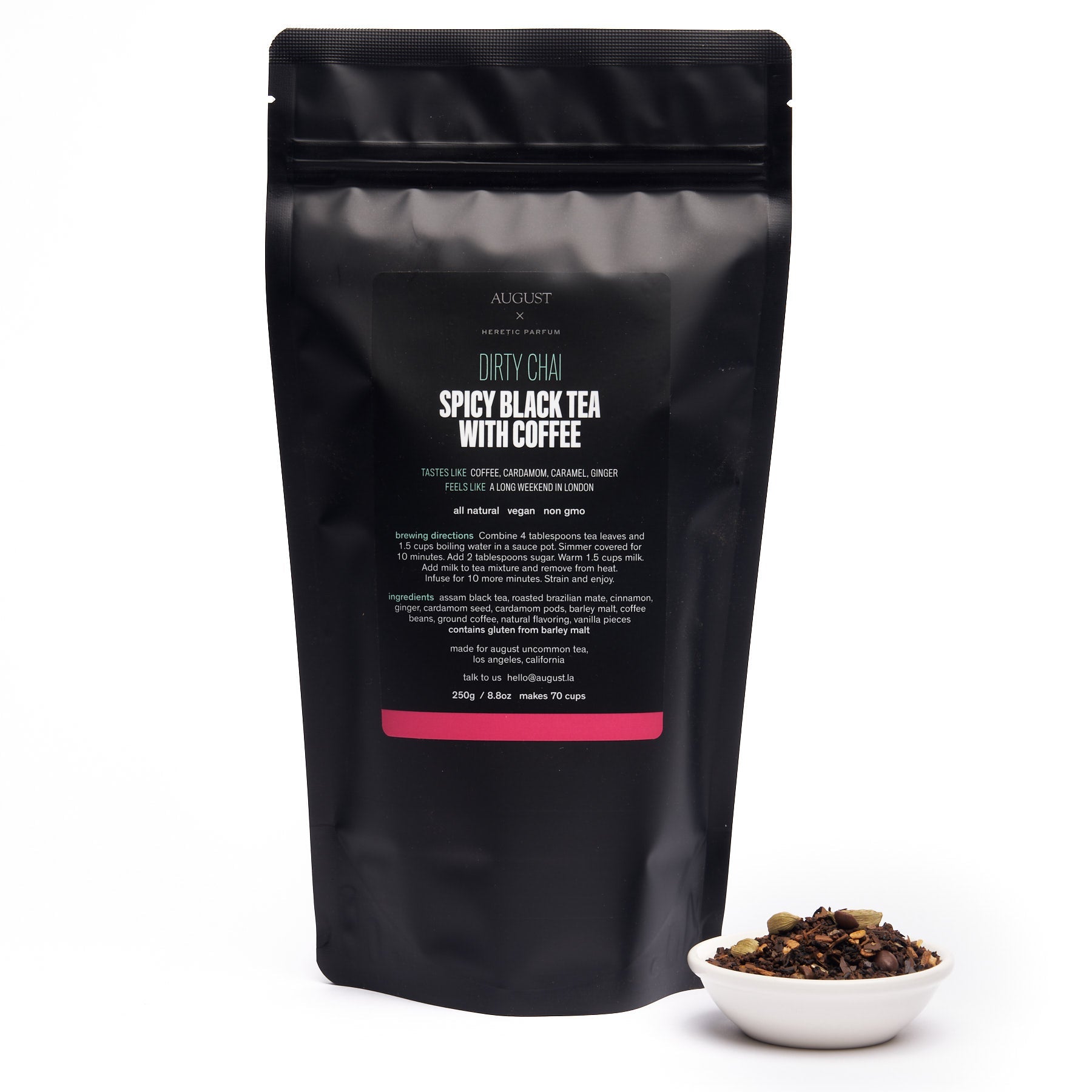 August Uncommon Tea Dirty Chai tin featuring spicy black chai tea with coffee, in a 28-cup reusable tea tin.