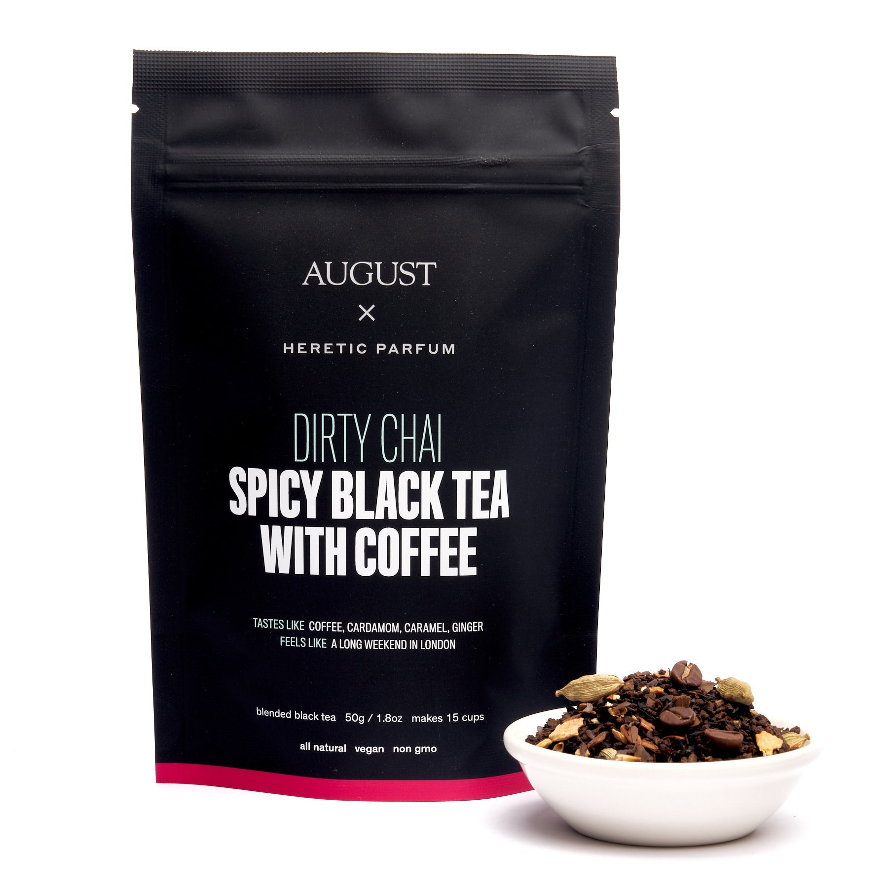 August Uncommon Tea Dirty Chai tin featuring spicy black chai tea with coffee in a 28-cup container.