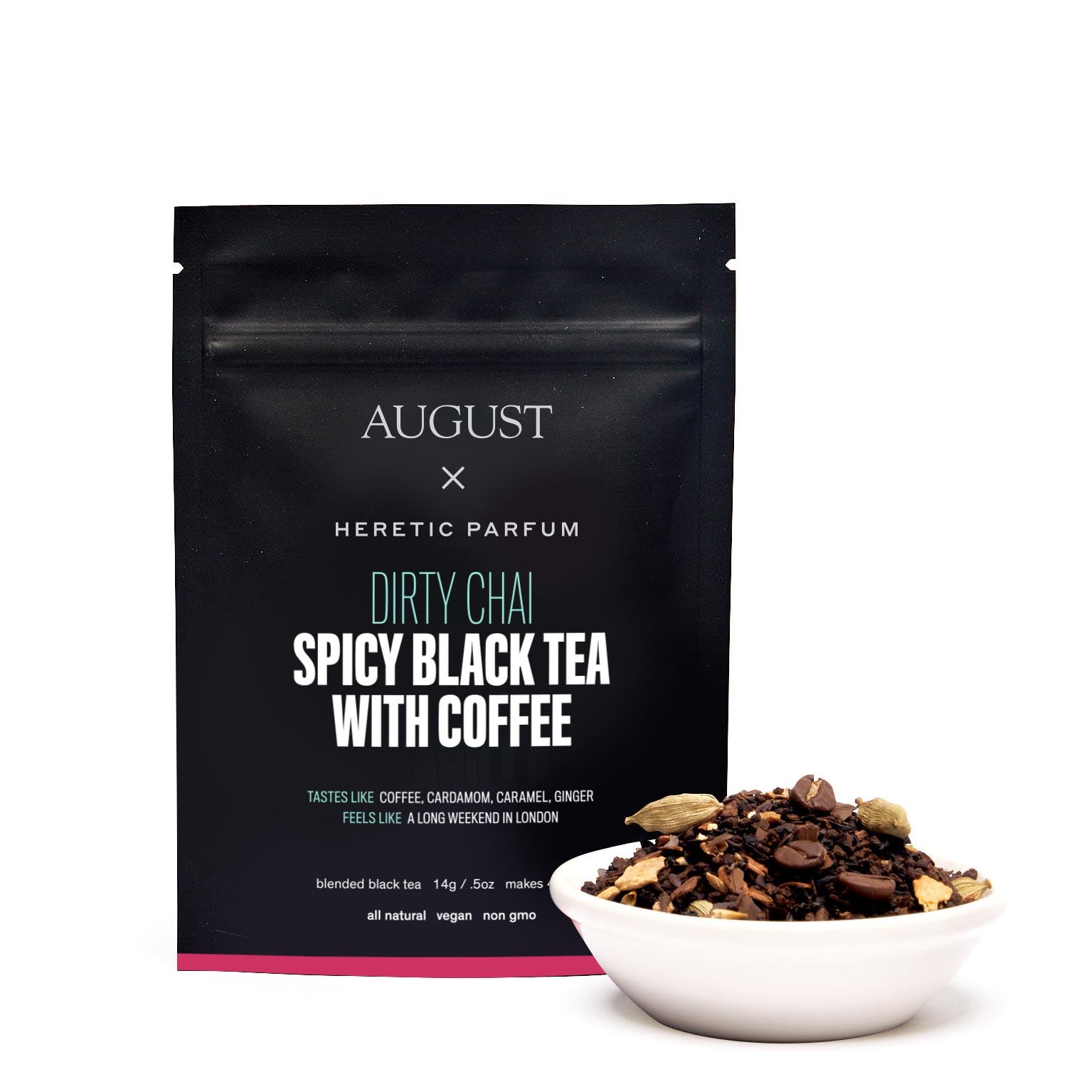 August Uncommon Tea Dirty Chai tin featuring spicy black chai tea blended with coffee in a 28-cup tin.