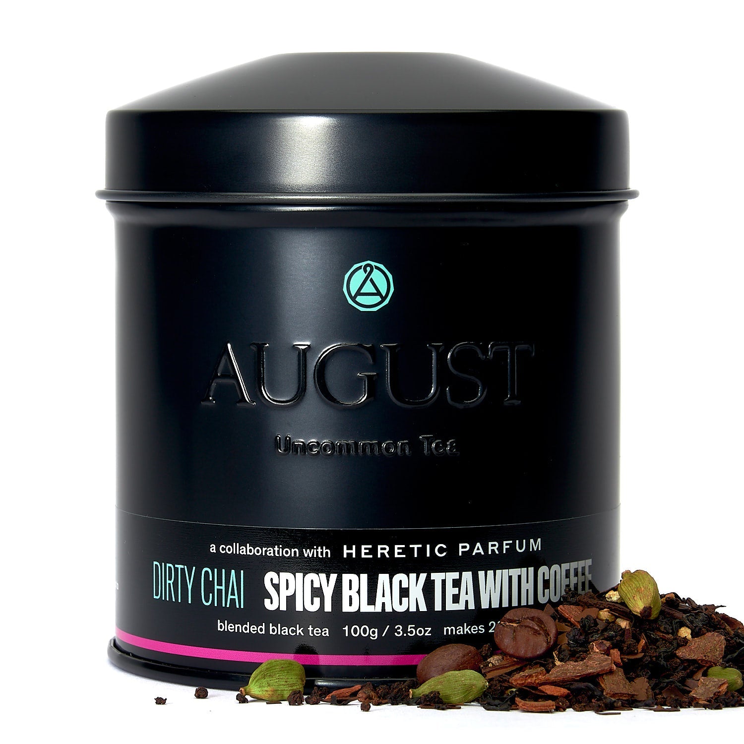 August Uncommon Tea Dirty Chai tin featuring spicy black chai tea blended with coffee in a 28-cup tin.