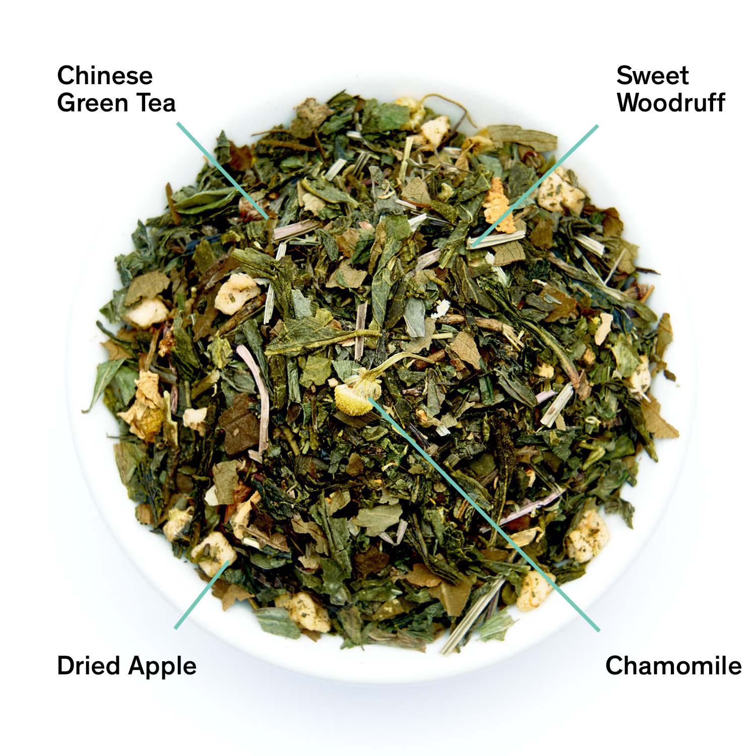 Neon Forest Apple Chamomile Green Tea bag from August Uncommon Tea, green tea with apple and chamomile ingredients.