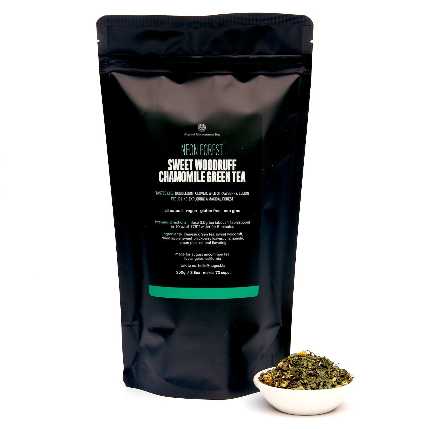 Neon Forest Apple Chamomile Green Tea bag from August Uncommon Tea, vibrant packaging for refreshing green tea beverage.