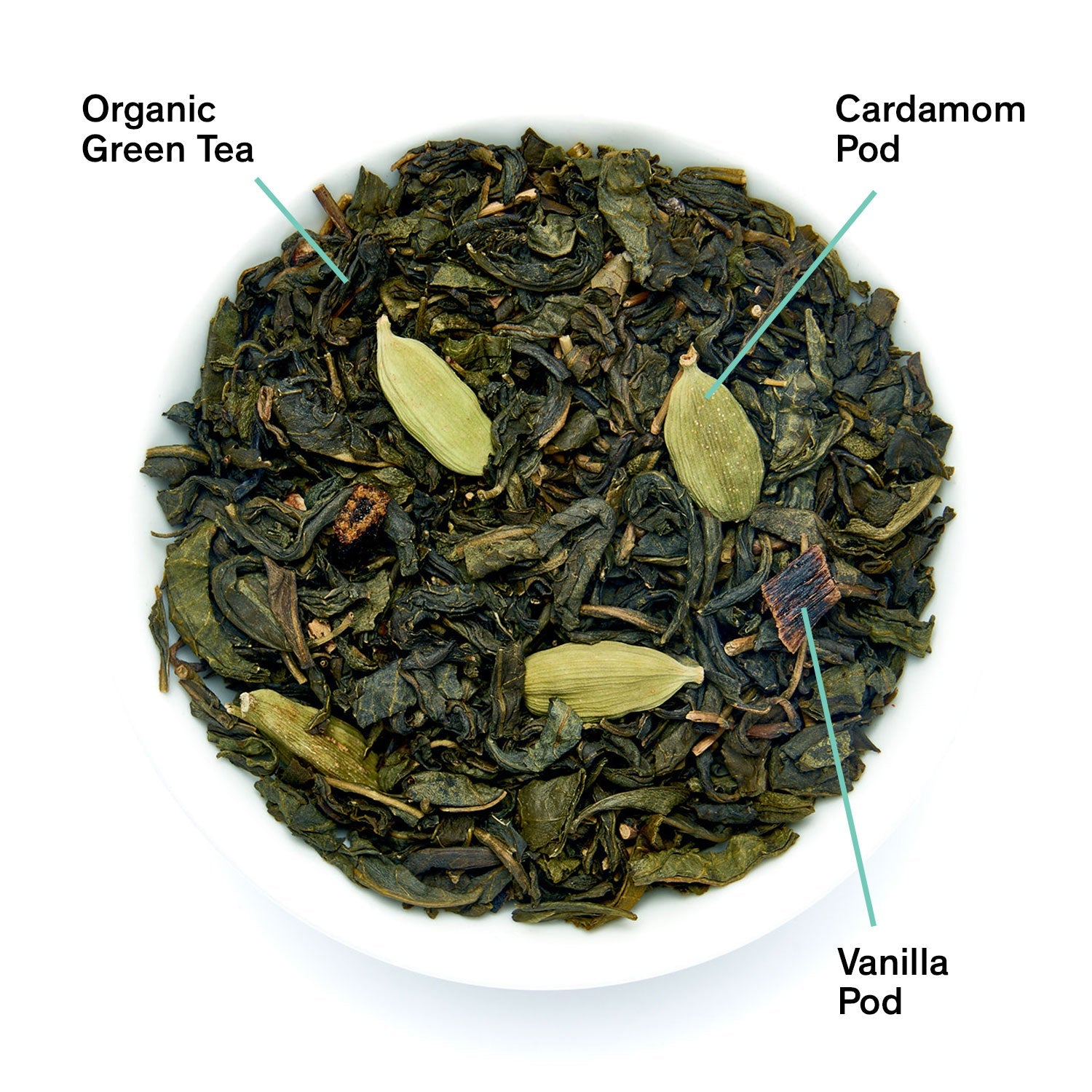 August Uncommon Tea Combray Vanilla Cardamom Green Tea in a 23-cup tin, showcasing vibrant green tea leaves and vanilla-cardamom flavor.
