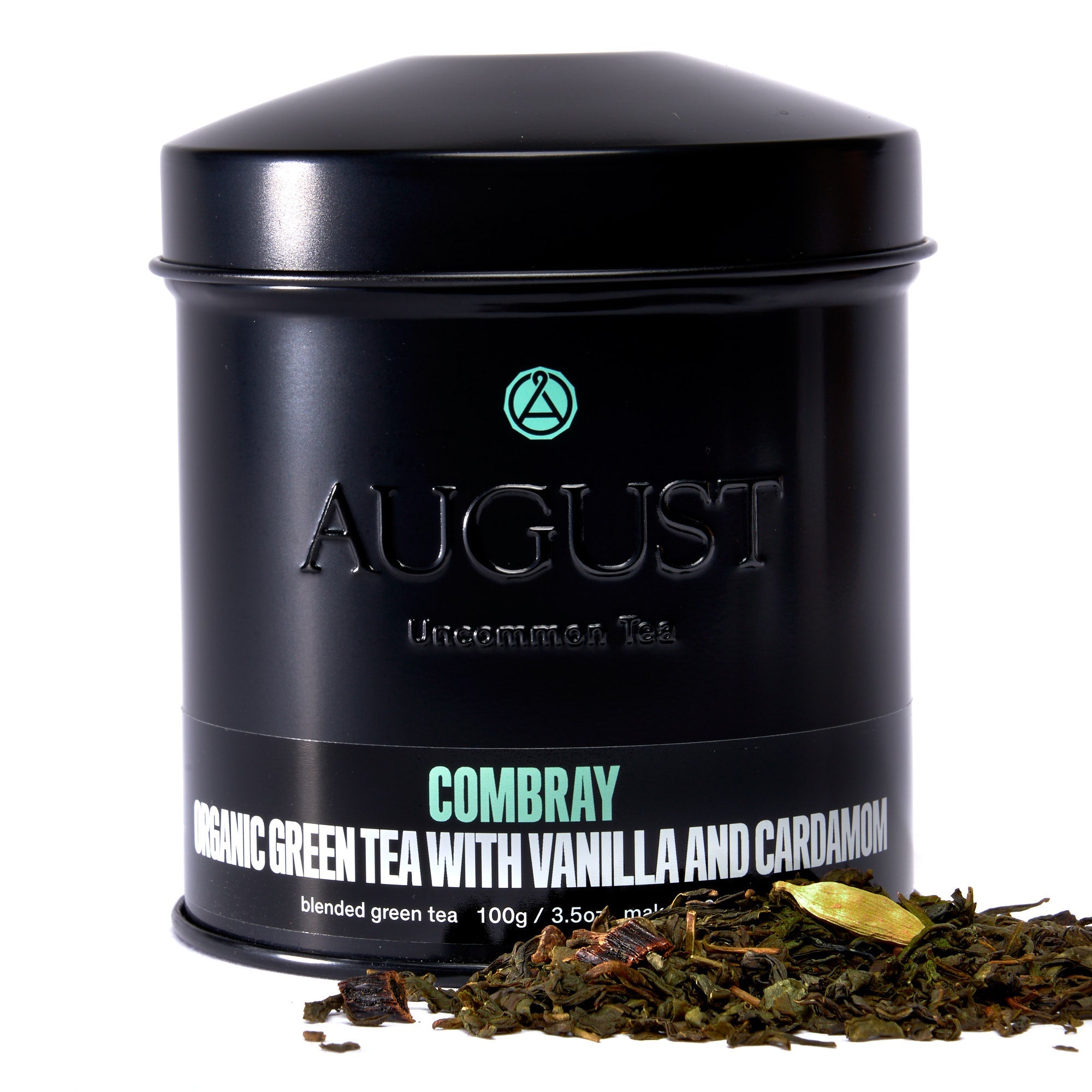 August Uncommon Tea Combray Vanilla Cardamom Green Tea in a 23-cup tin, highlighting the aromatic green tea blend in the image.